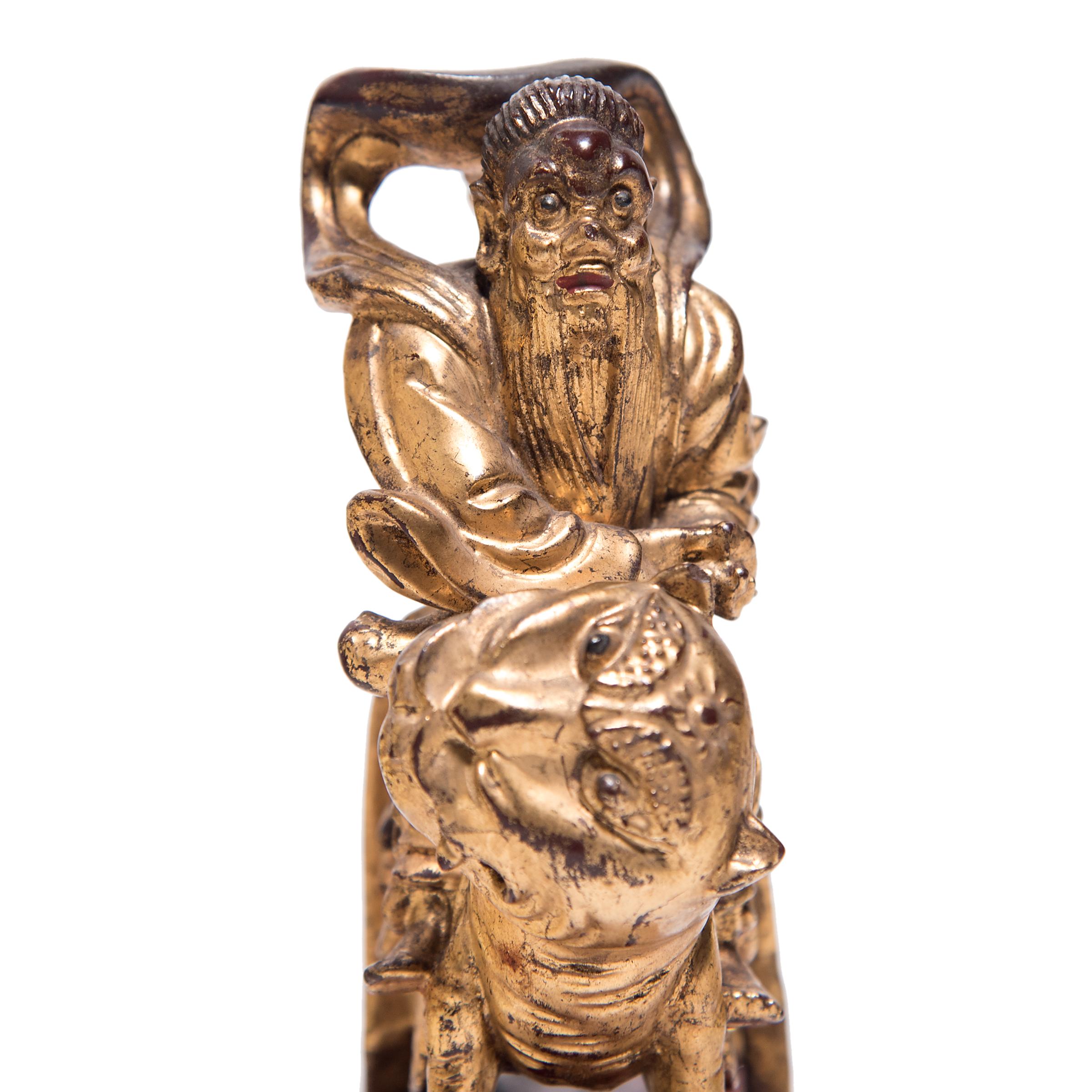 Qing Chinese Mythical Gilt Figure with Lion, circa 1850