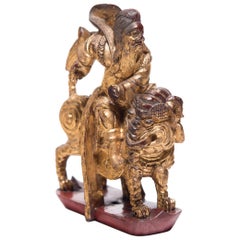 Antique Chinese Mythical Gilt Warrior Figure with Elephant, circa 1850