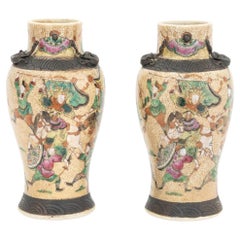 Pair of Chinese Nankin Porcelain Vases, Hand-Enameled with Warriors