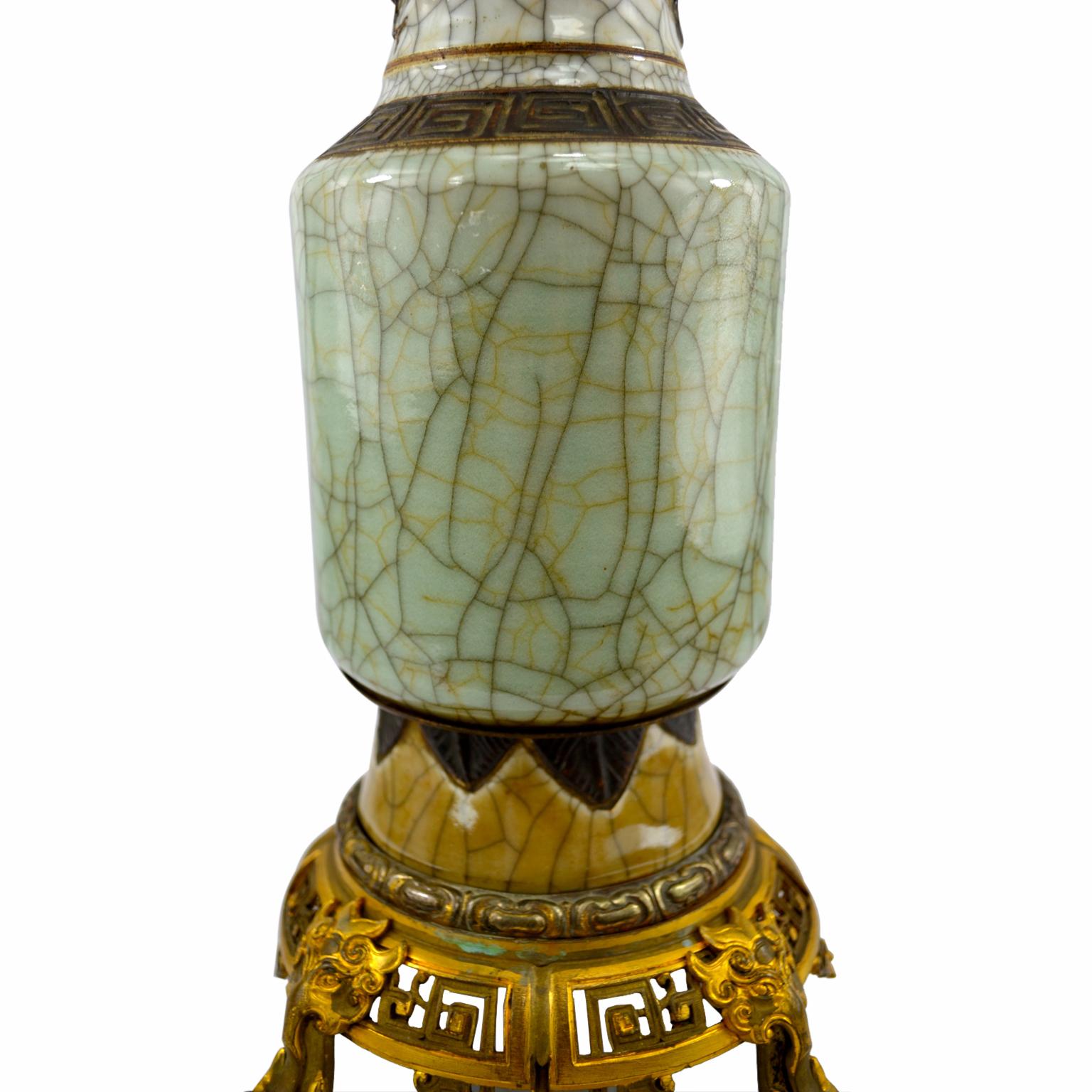 Other Chinese Nanking Period Crackle Glaze Celadon porcelain Vase with Bronze Base