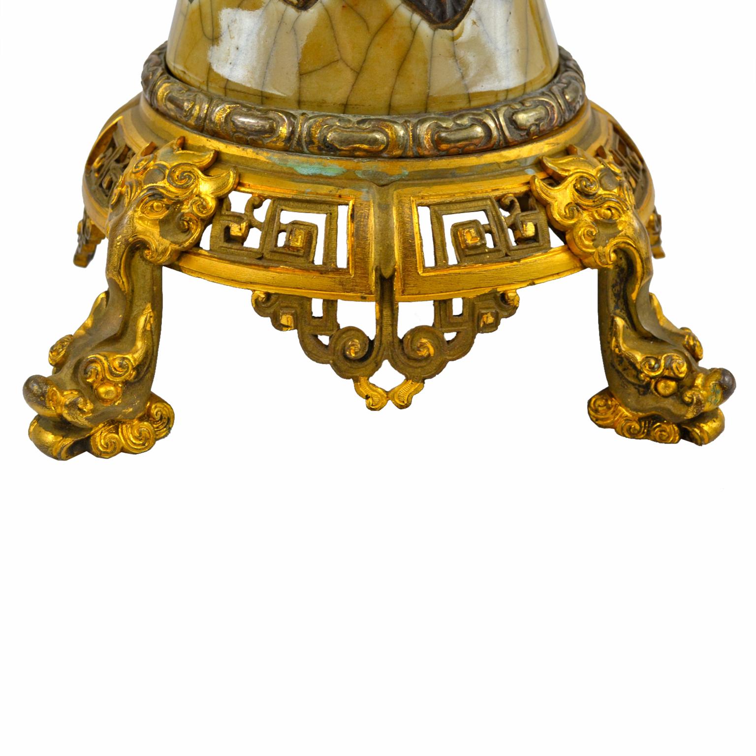 19th Century Chinese Nanking Period Crackle Glaze Celadon porcelain Vase with Bronze Base