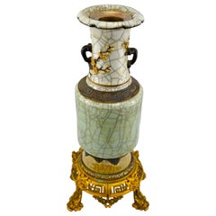 Chinese Nanking Period Crackle Glaze Celadon porcelain Vase with Bronze Base