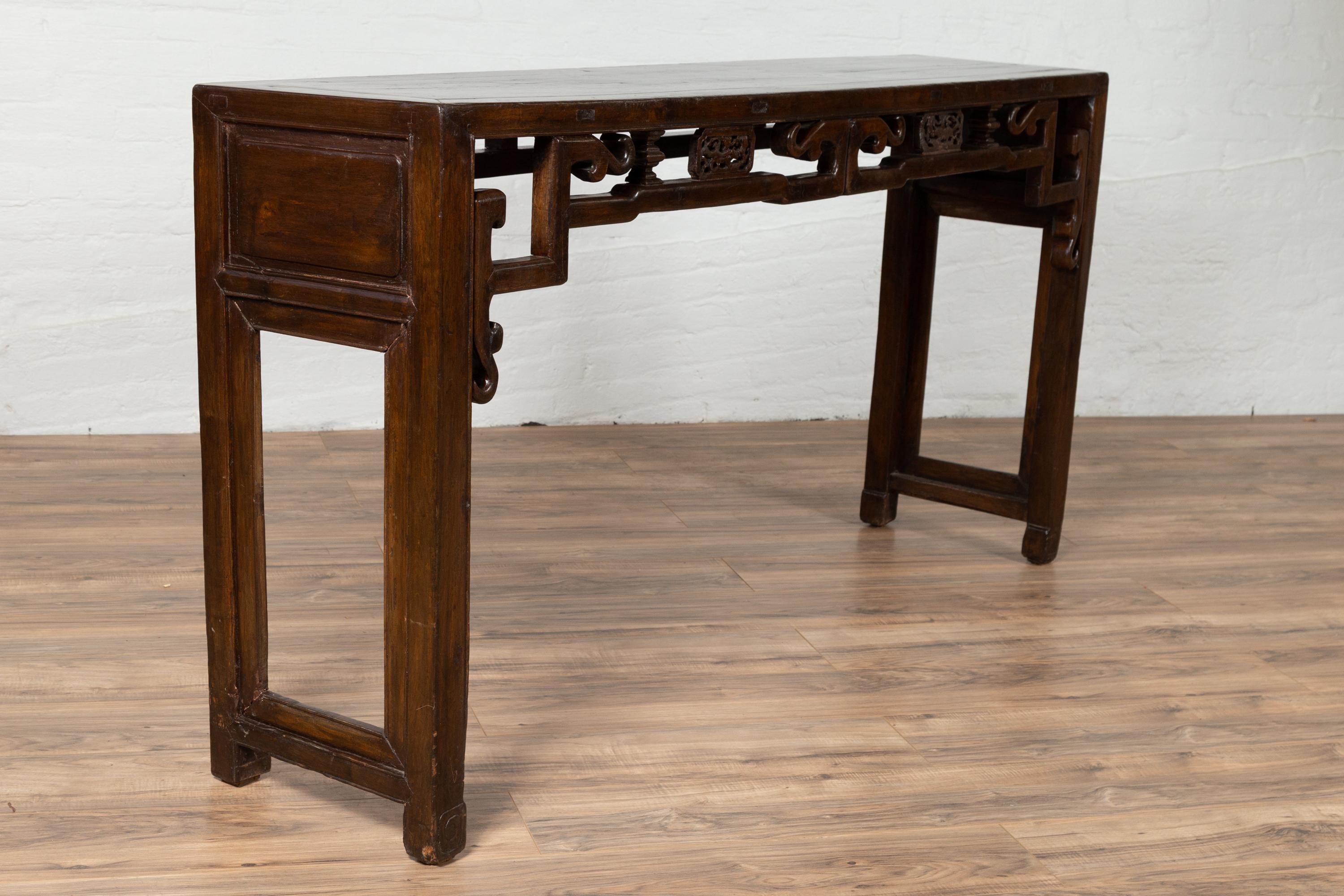 Chinese Narrow Altar Console Table with Open Fretwork Frieze and Horse Hoof Legs 7