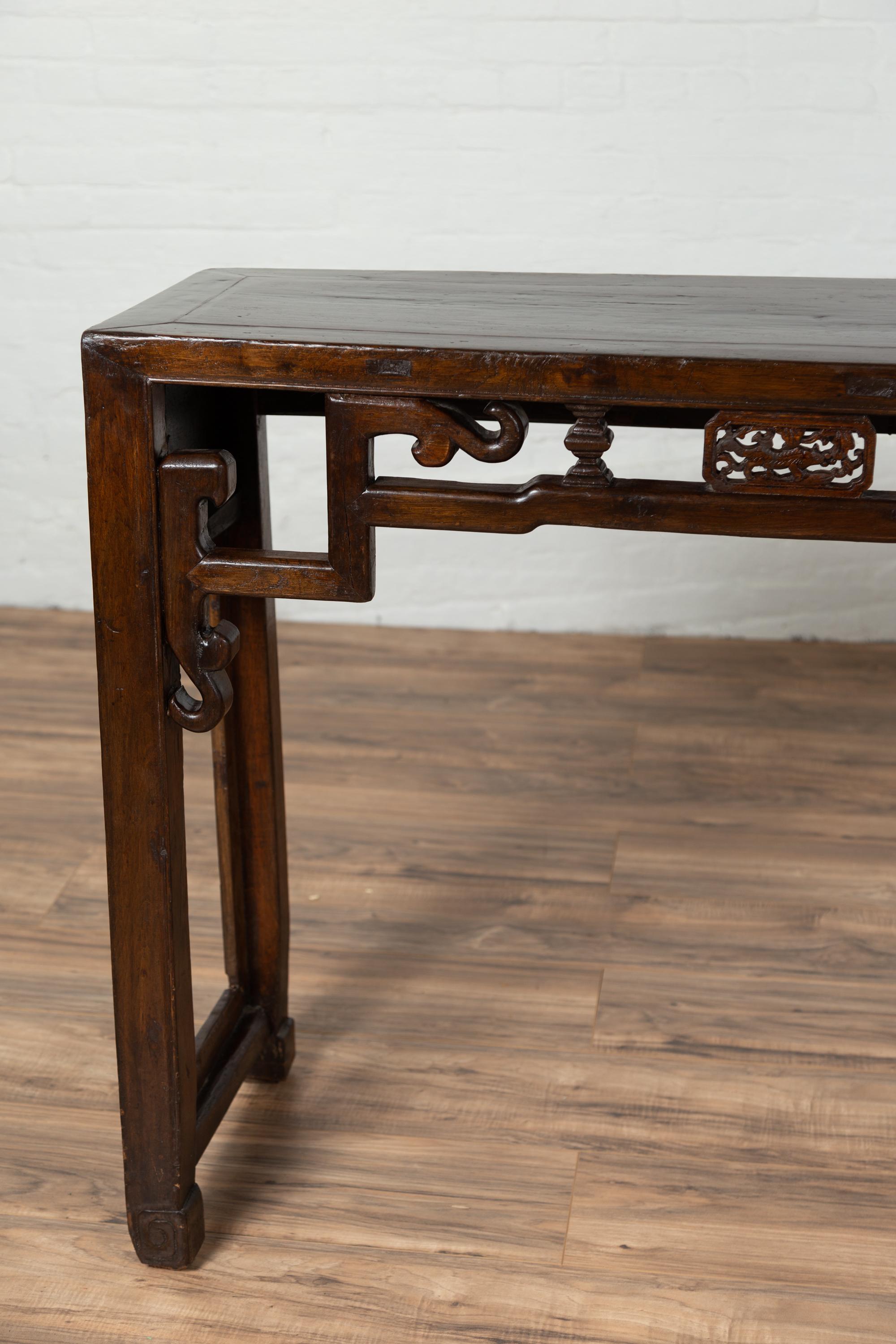 Chinese Narrow Altar Console Table with Open Fretwork Frieze and Horse Hoof Legs In Good Condition In Yonkers, NY