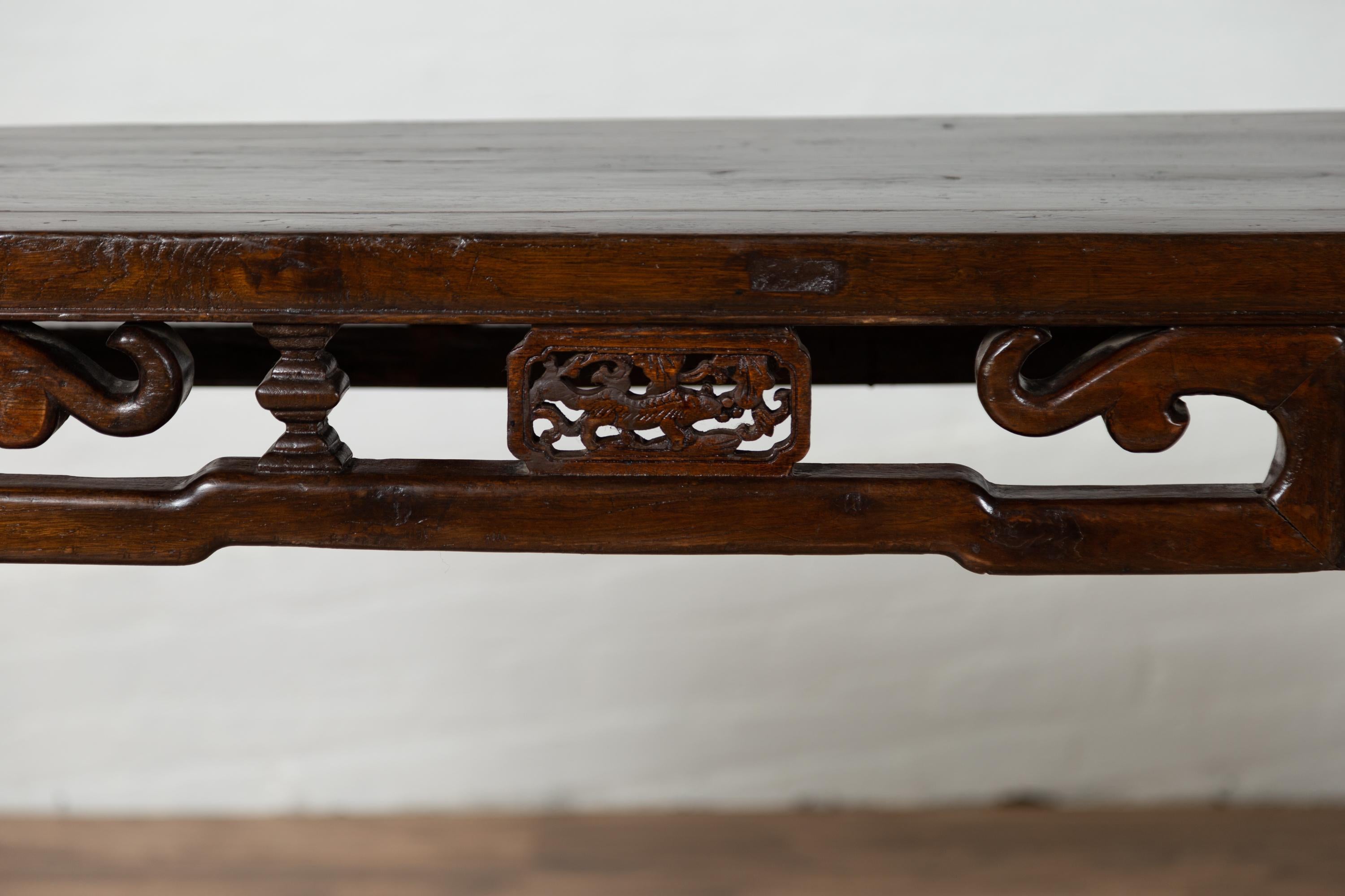 19th Century Chinese Narrow Altar Console Table with Open Fretwork Frieze and Horse Hoof Legs