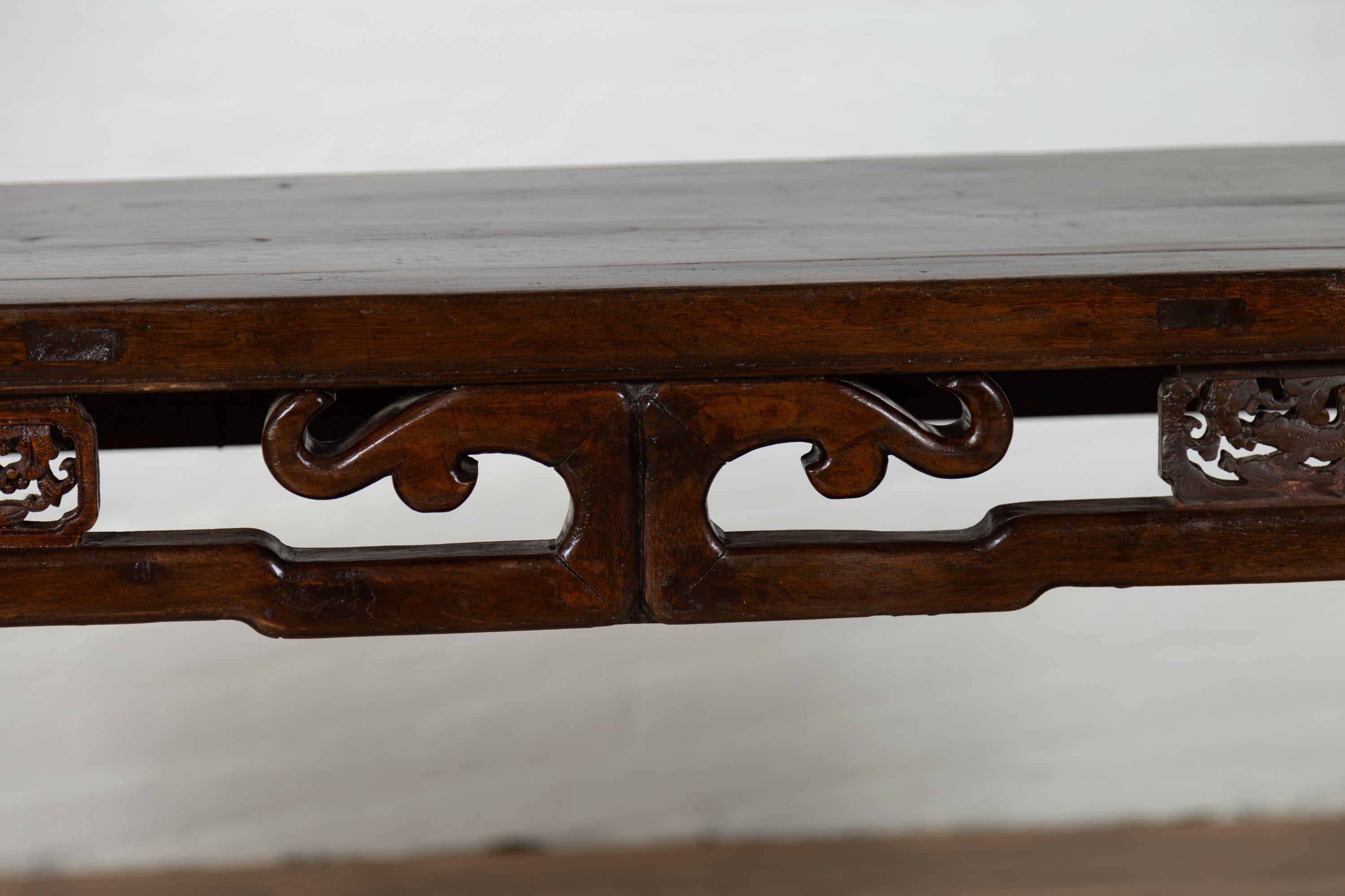 Wood Chinese Narrow Altar Console Table with Open Fretwork Frieze and Horse Hoof Legs