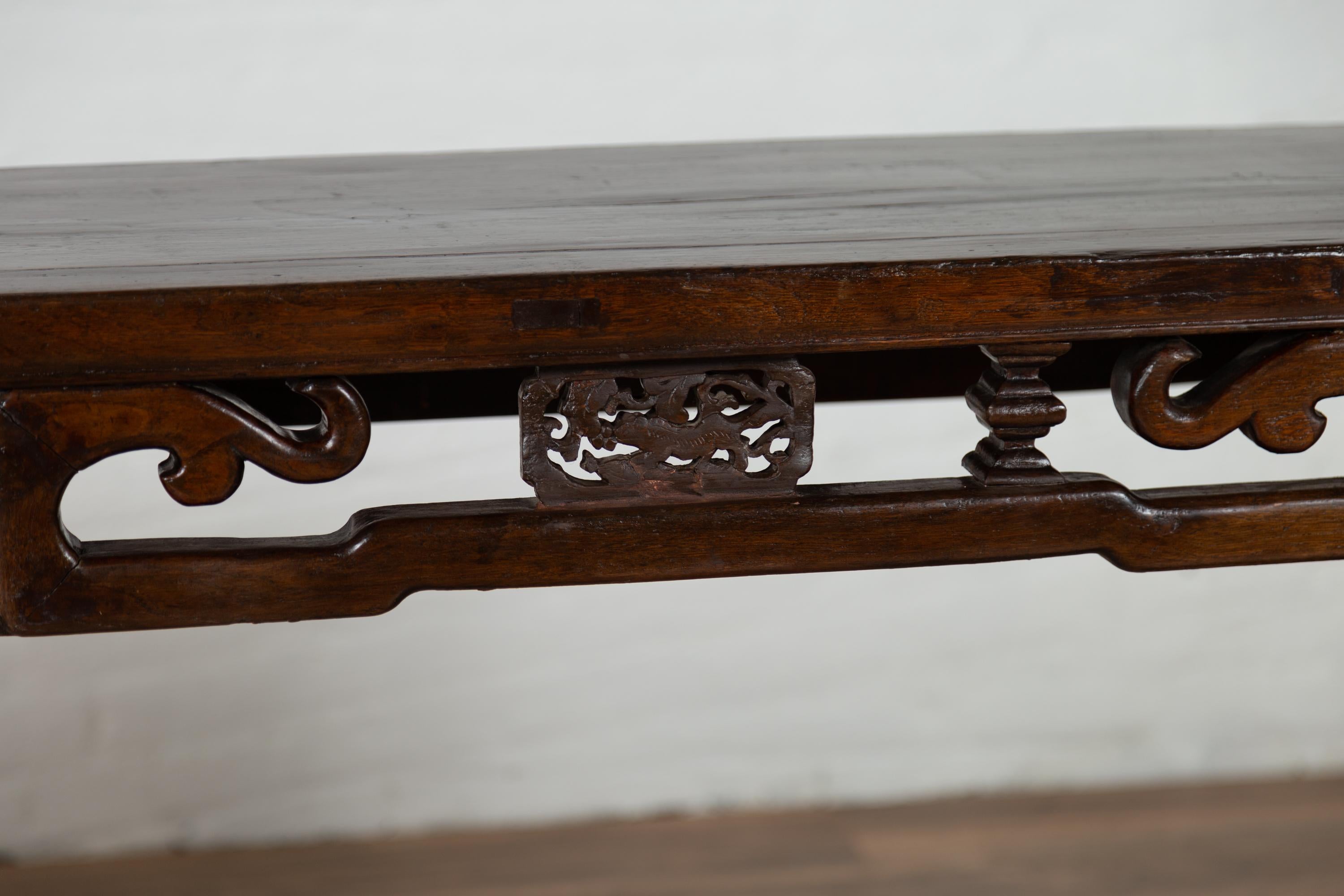 Chinese Narrow Altar Console Table with Open Fretwork Frieze and Horse Hoof Legs 1