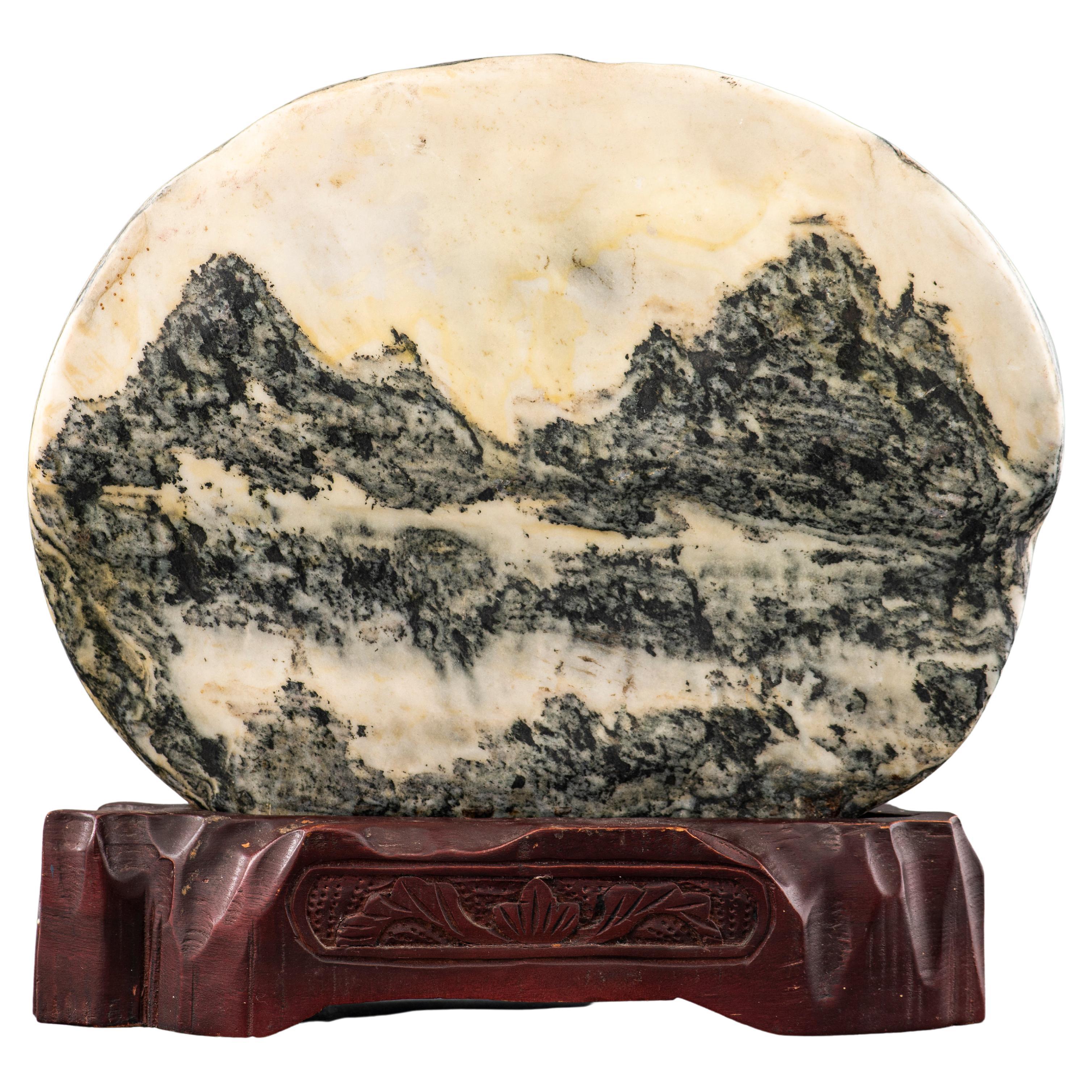 Chinese Natural Dreamstone on Wood Stand For Sale