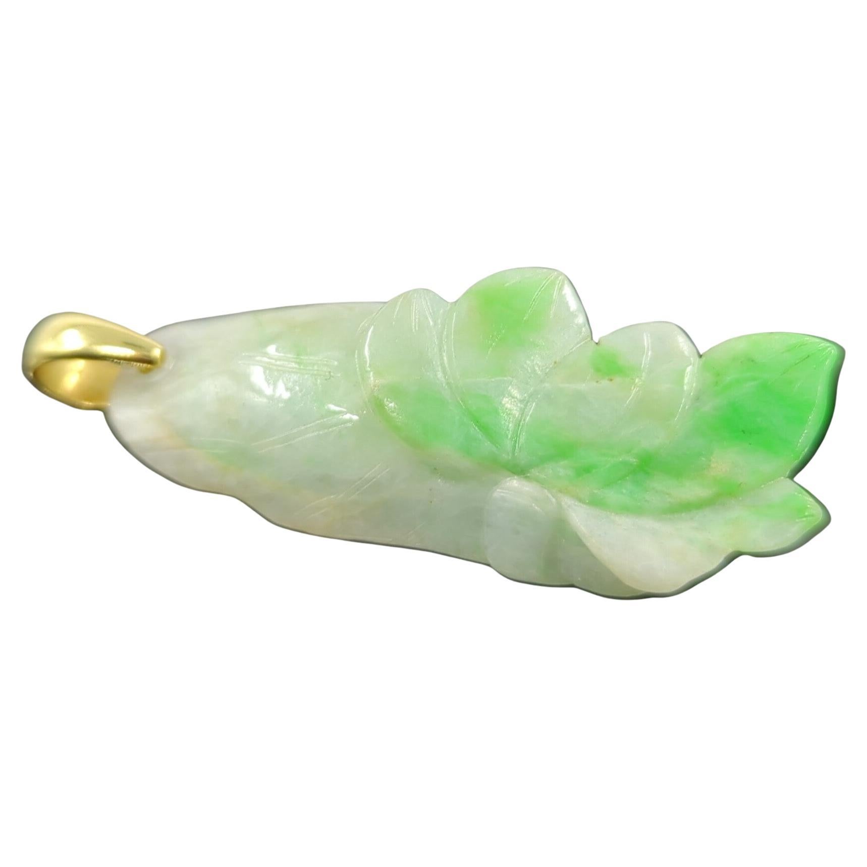 Mixed Cut Chinese Natural Untreated Apple Green Jadeite Lotus Flower Pendant 18K Gold Bale For Sale
