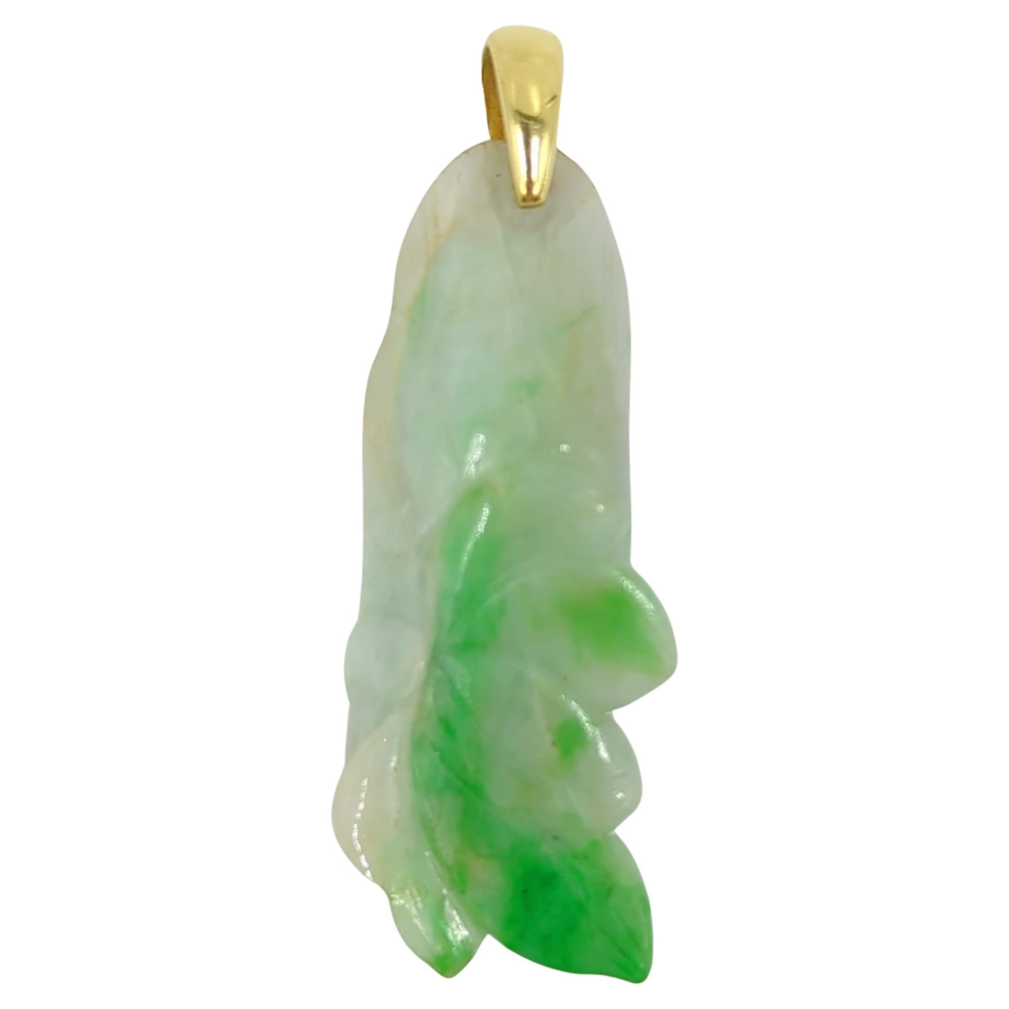 Chinese Natural Untreated Apple Green Jadeite Lotus Flower Pendant 18K Gold Bale For Sale