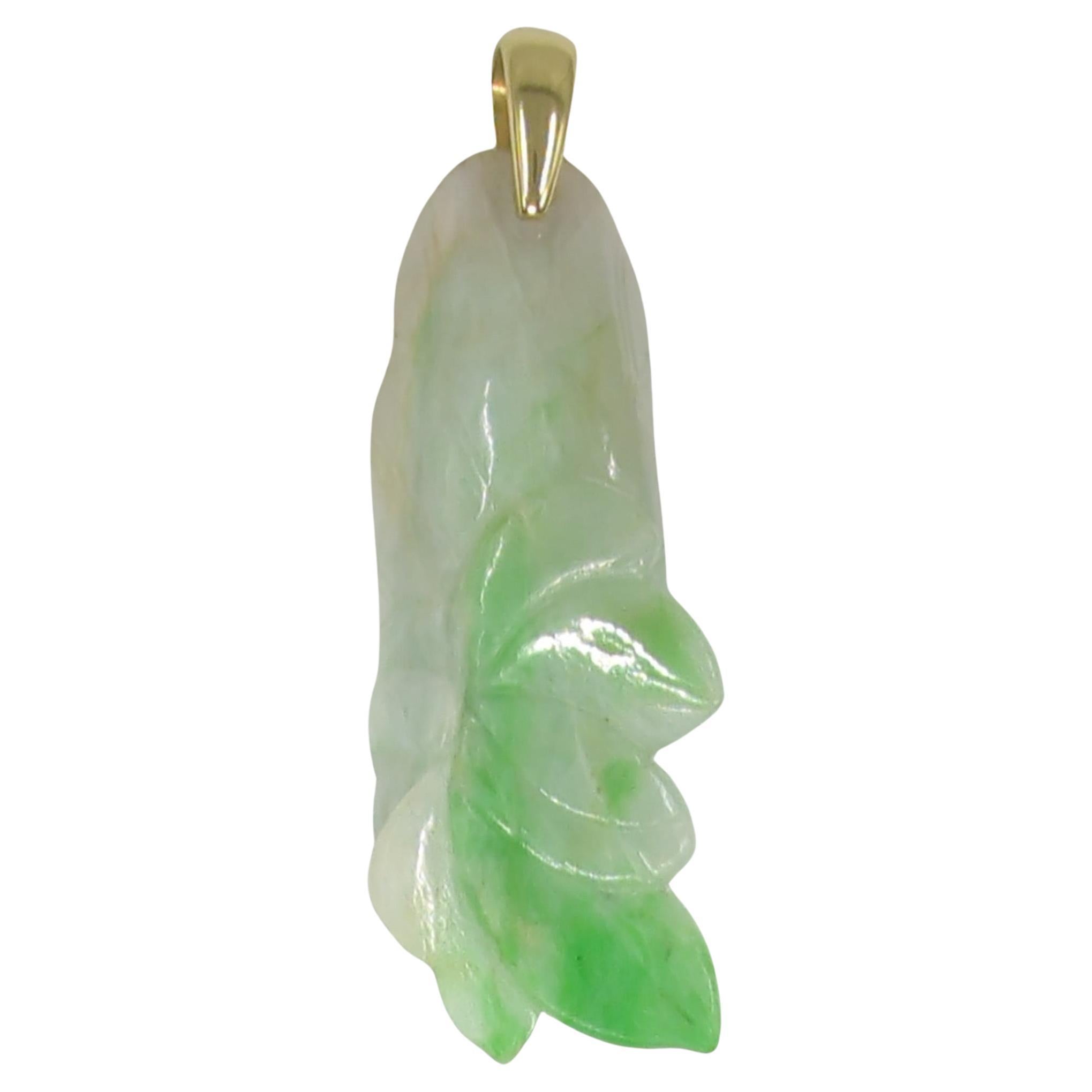 Chinese Natural Untreated Apple Green Jadeite Lotus Flower Pendant 18K Gold Bale In Good Condition For Sale In Richmond, CA