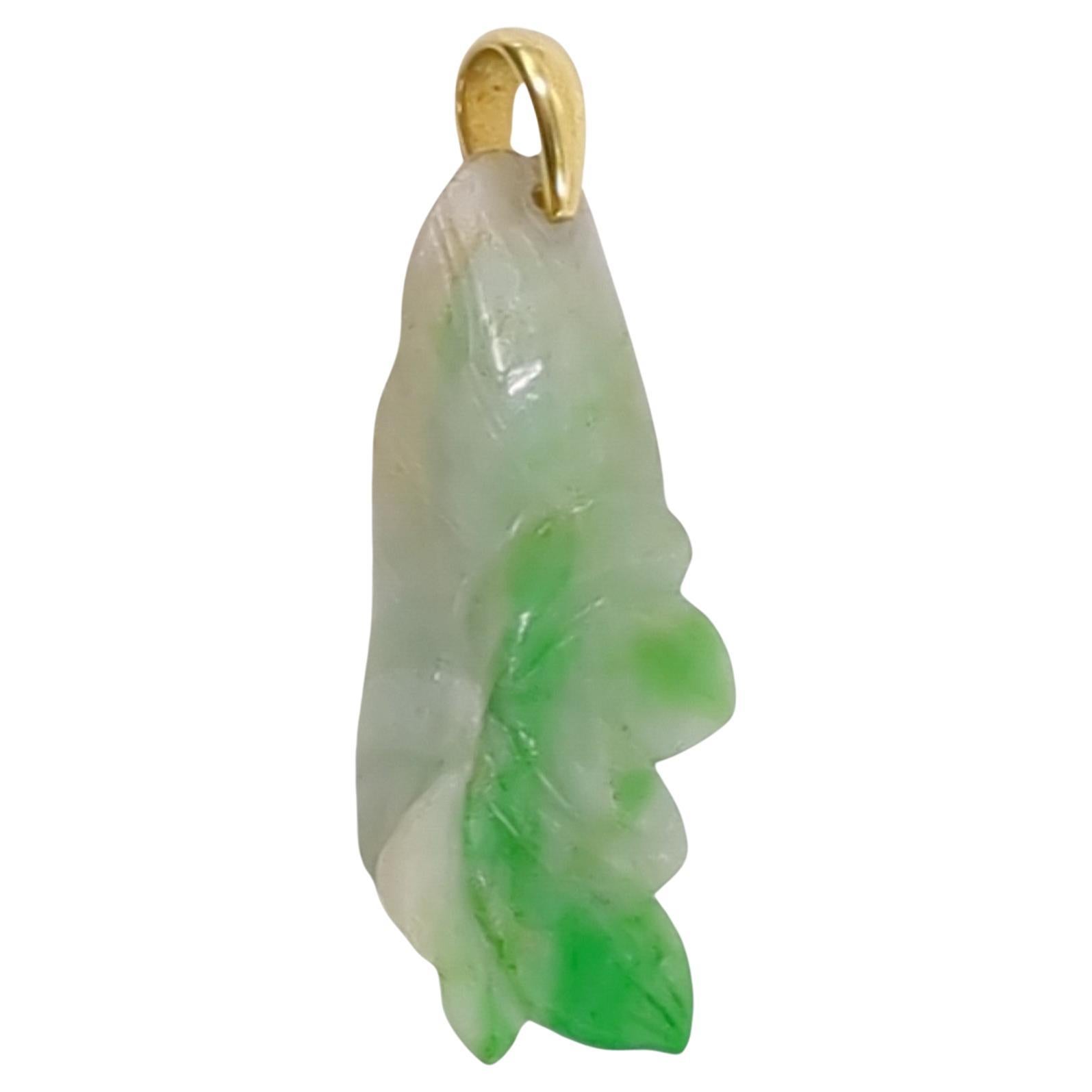 Chinese Natural Untreated Apple Green Jadeite Lotus Flower Pendant 18K Gold Bale For Sale 1