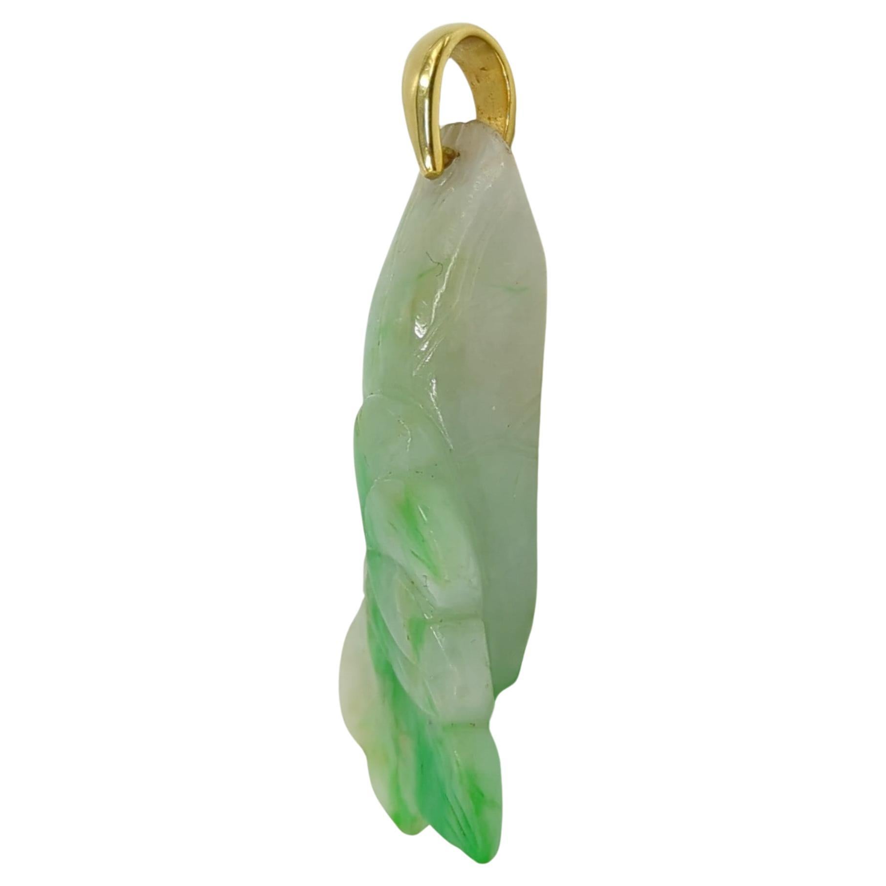 Chinese Natural Untreated Apple Green Jadeite Lotus Flower Pendant 18K Gold Bale For Sale 2