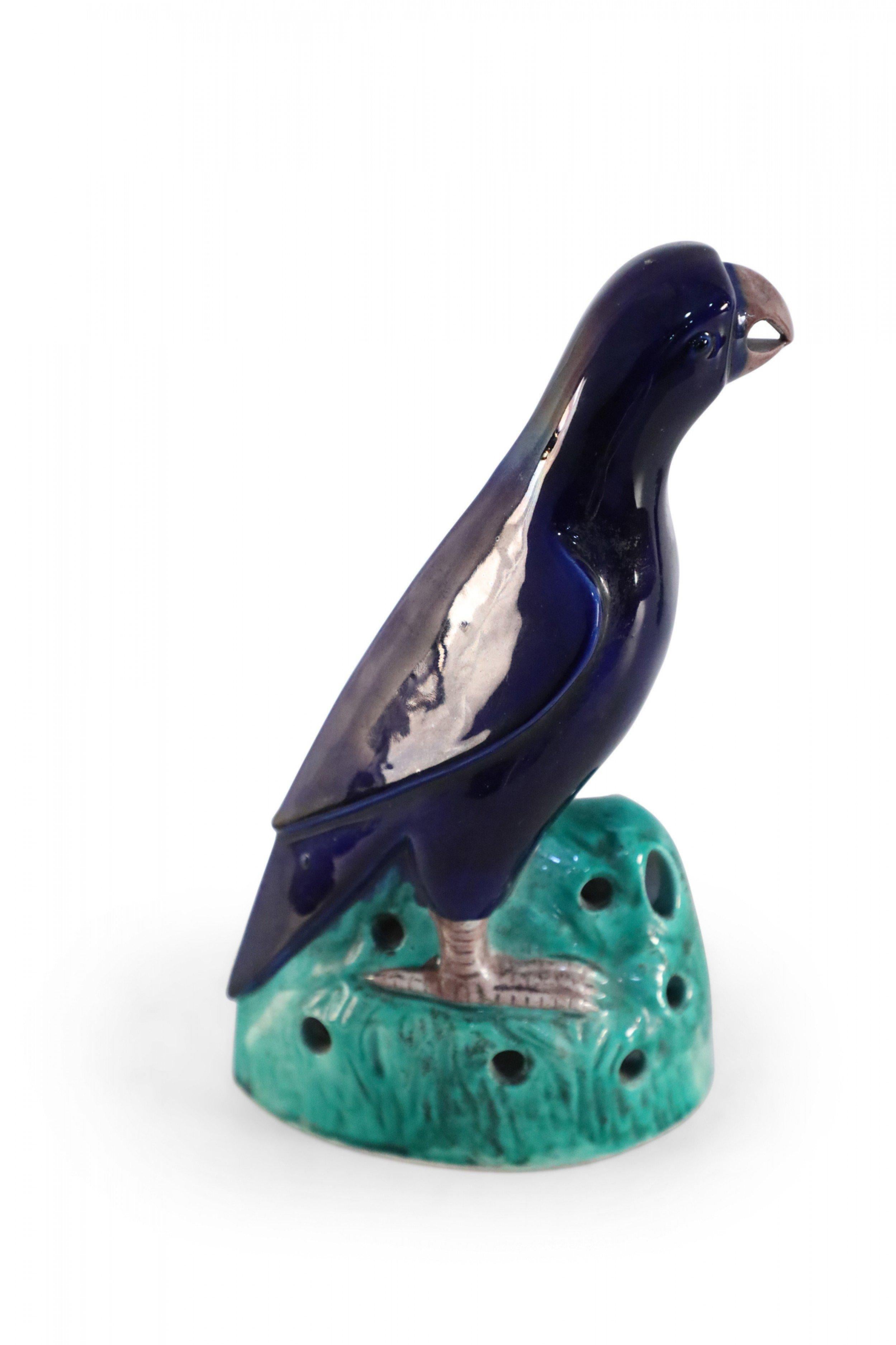 Chinese Navy Glazed Porcelain Parrot Statue For Sale 1