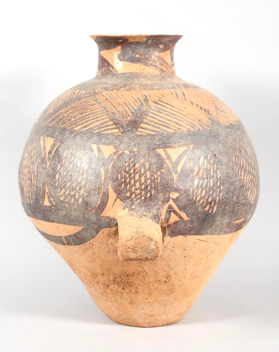 Chinese Neolithic Ovoid Pottery Jar from the Majiayao Culture, specifically the Machang phase, in northwest China, and dating back roughly 4000 years. Jar is made from earthenware and painted geometric motif. Jar has a ovoid-shaped body, that tapers