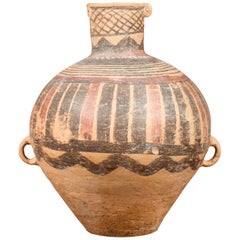 Chinese Neolithic Terracotta Jar with Painted Geometric Decor and Petite Handles