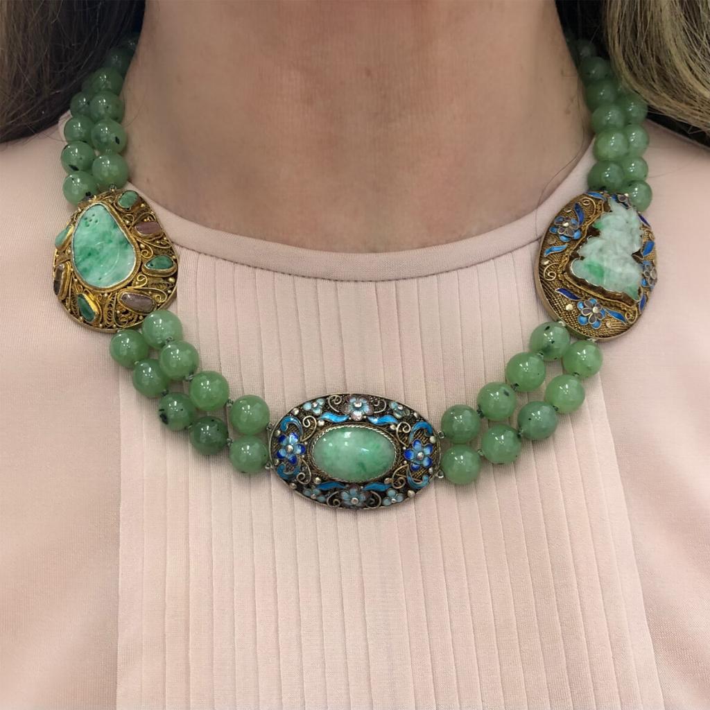 Chinesische Nephrit-Perlen und Jadeit auf Vermeil Spacers Doppelreihige Halskette im Angebot 2