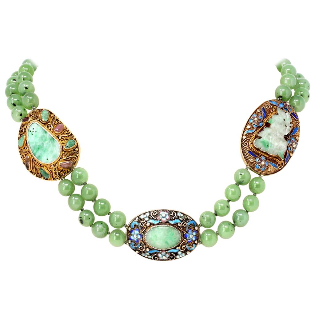 Chinesische Nephrit-Perlen und Jadeit auf Vermeil Spacers Doppelreihige Halskette im Angebot