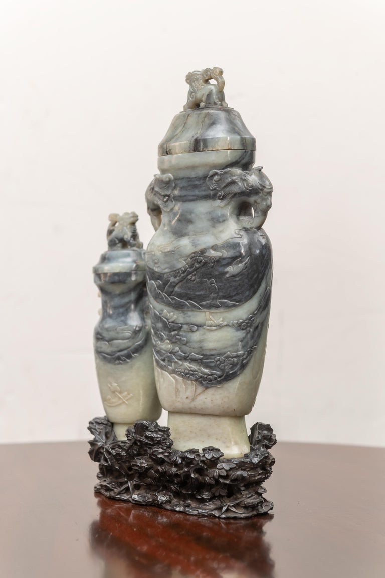 Chinese Nephrite/Jade Relief Carved Double Vase with Old Hardwood Stand at 1stDibs