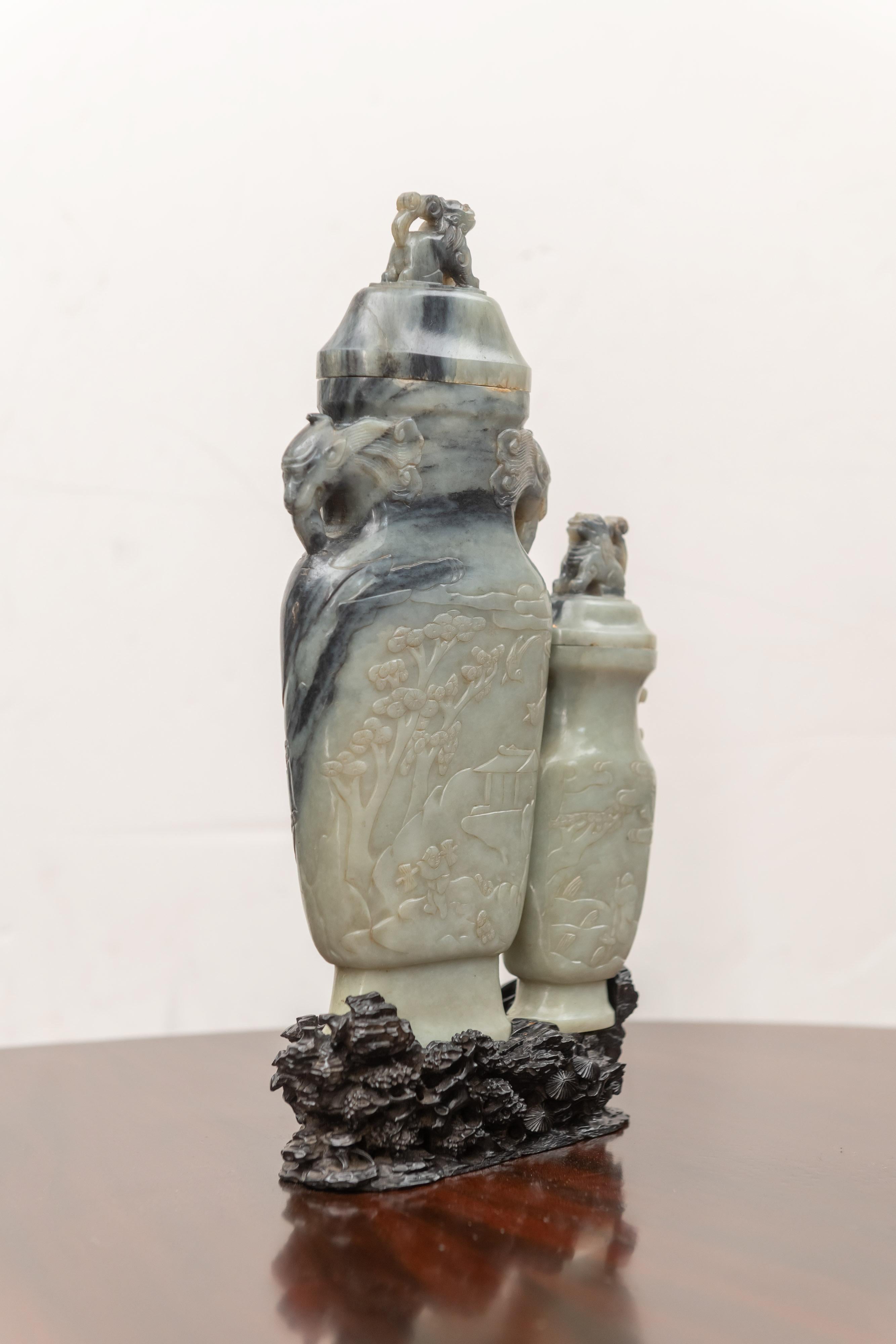 Early 20th Century Chinese Nephrite/Jade Relief Carved Double Vase with Old Hardwood Stand