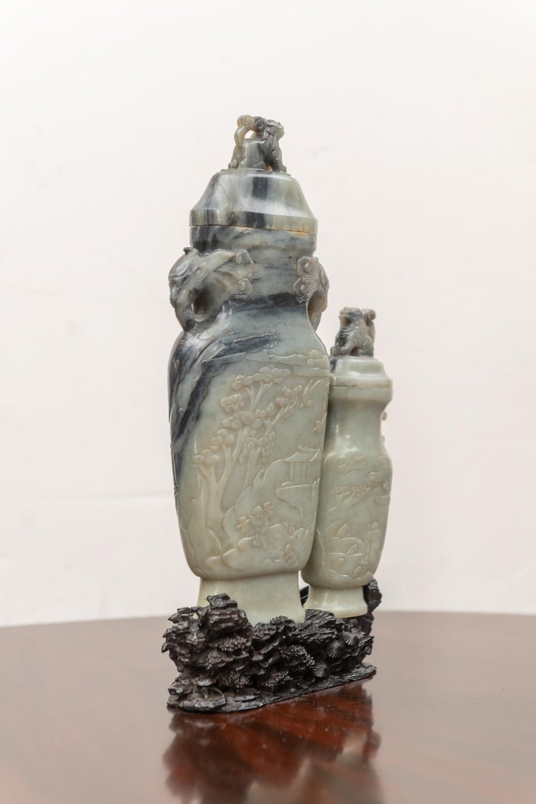 Chinese Nephrite/Jade Relief Carved Double Vase with Old Hardwood Stand at 1stDibs