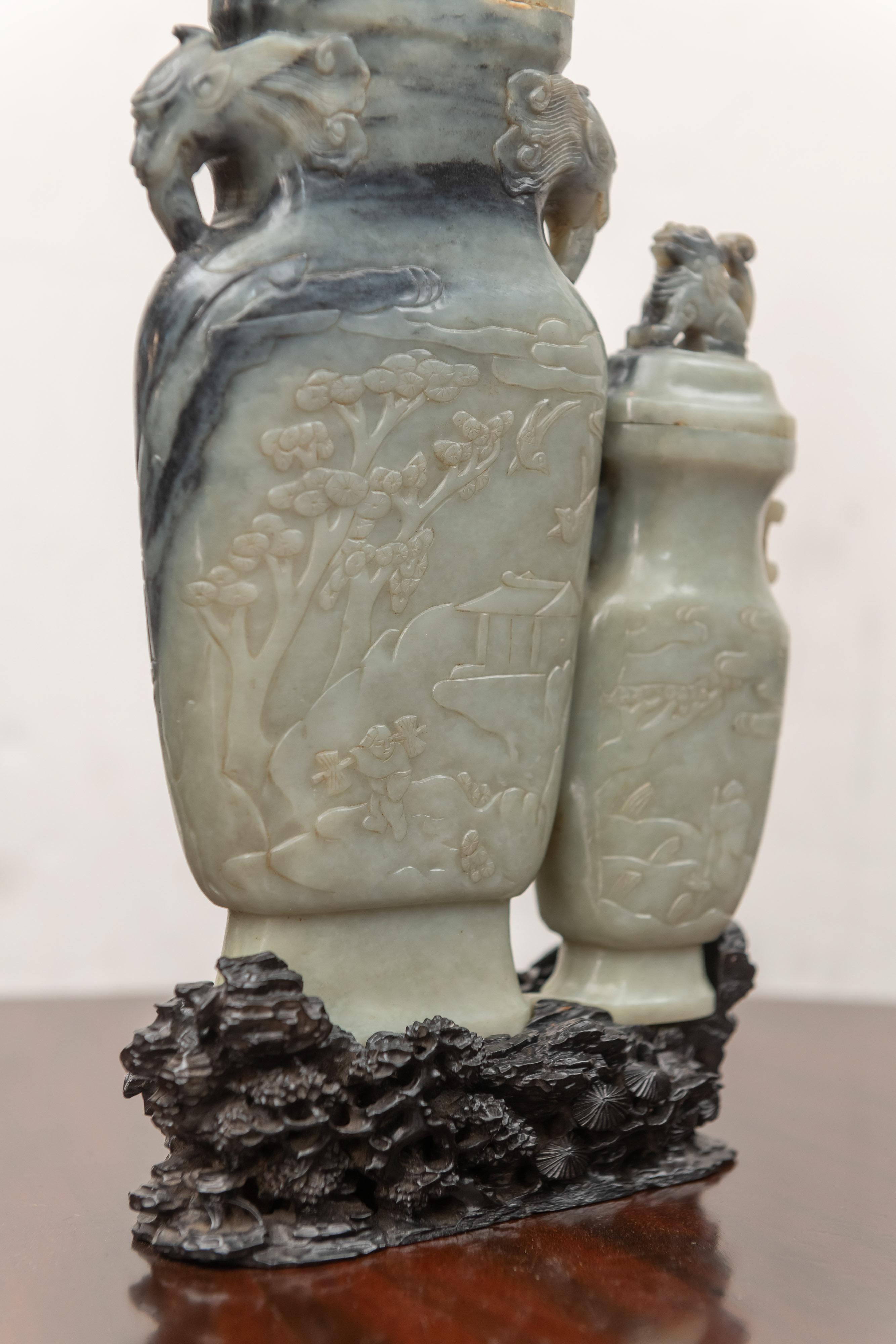 Chinese Nephrite/Jade Relief Carved Double Vase with Old Hardwood Stand 1