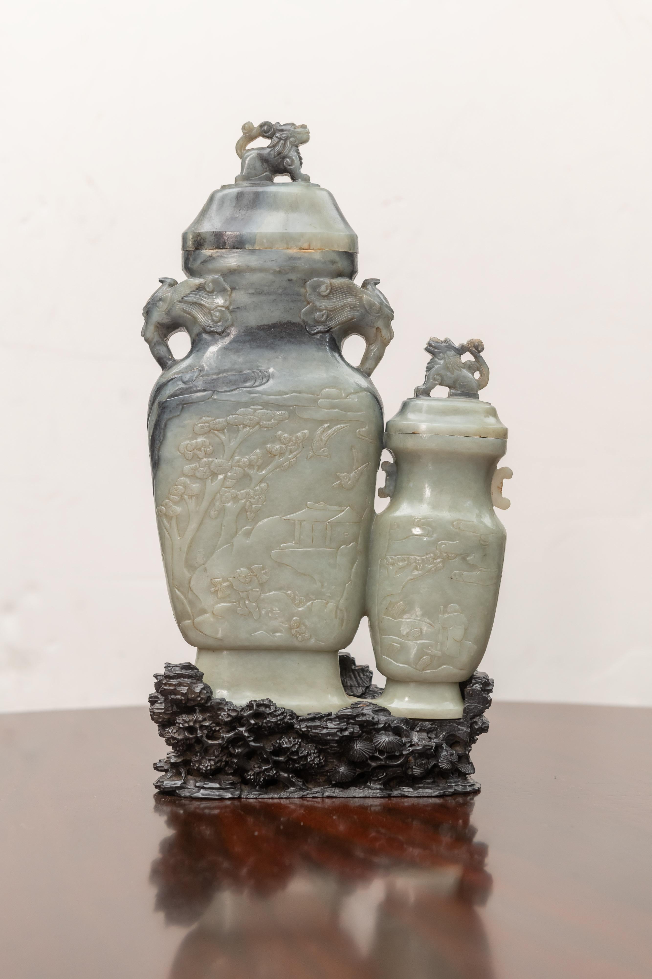 Chinese Nephrite/Jade Relief Carved Double Vase with Old Hardwood Stand 2