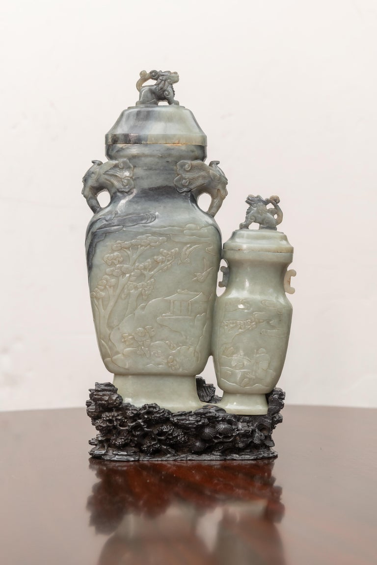 Chinese Nephrite/Jade Relief Carved Double Vase with Old Hardwood Stand at 1stDibs