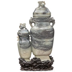 Chinese Nephrite/Jade Relief Carved Double Vase with Old Hardwood Stand