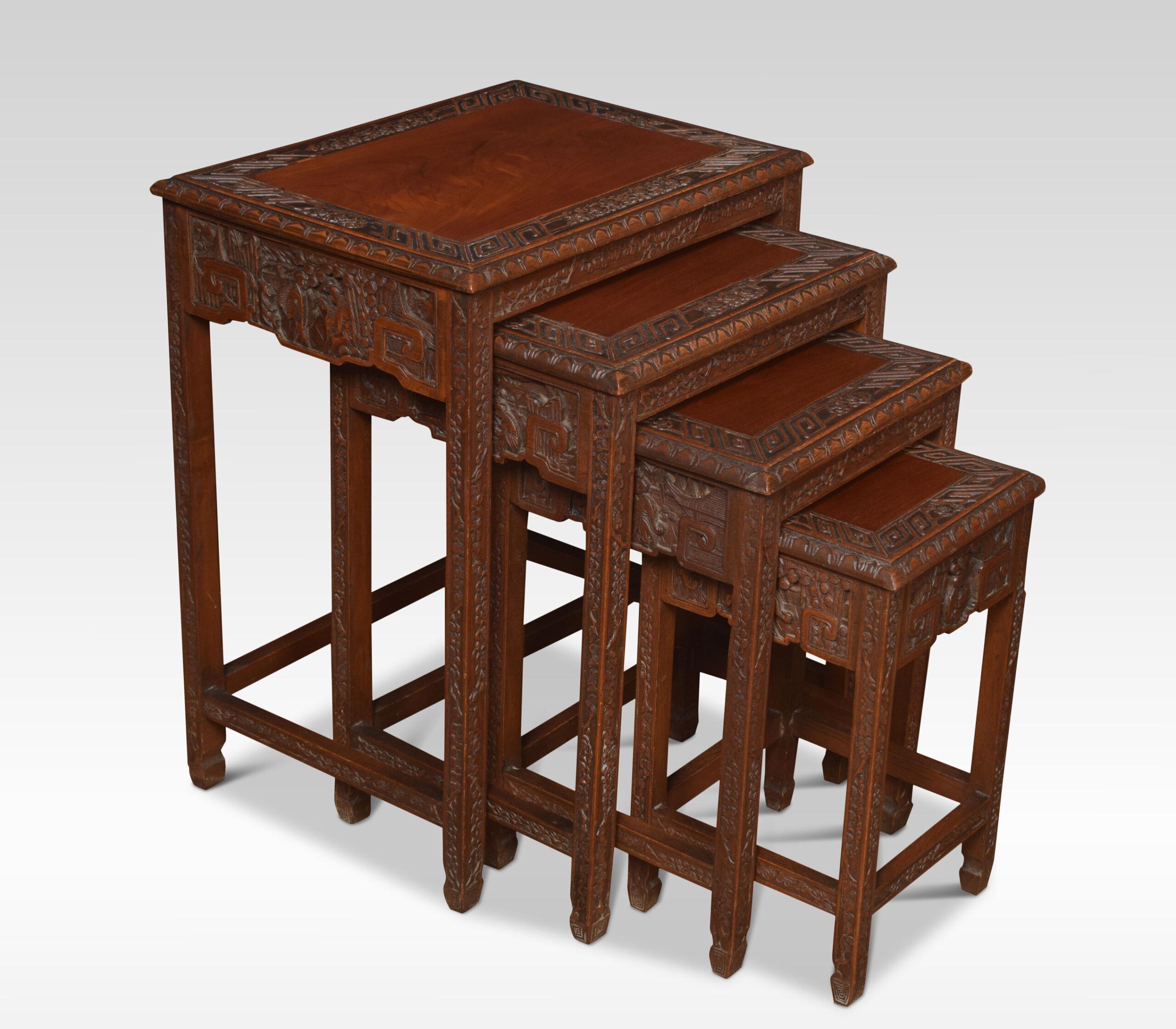 Nest of four Chinese rosewood tables each with a recessed rectangular paneled top and carved frieze on four slender supports with conforming stretchers
Dimensions
Height 25 Inches
Width 20.5 Inches
Depth 15 Inches