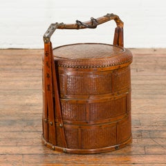 Chinese Nested Bamboo and Rattan Food Basket with Calligraphy and Iron Accents