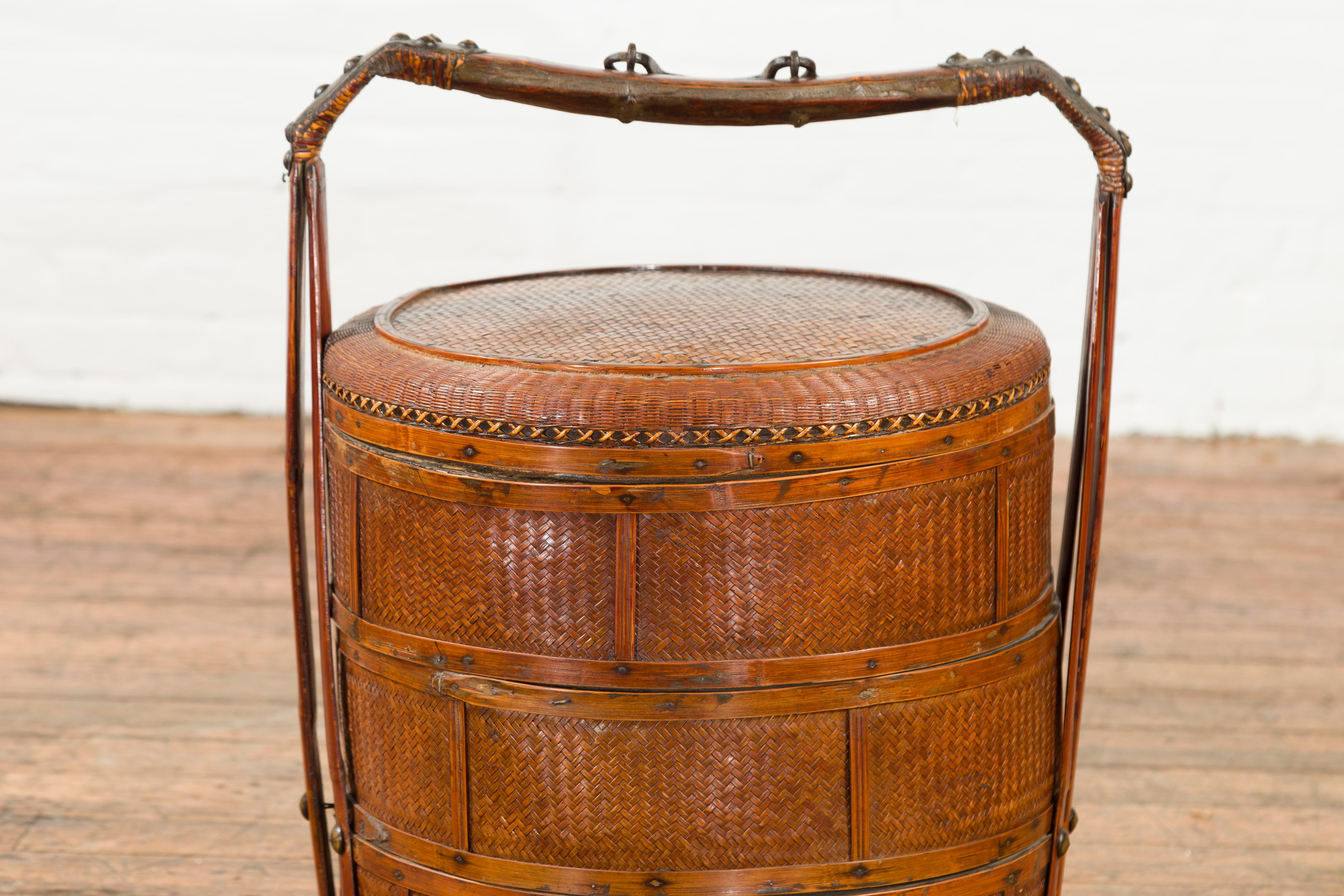 Chinese Nested Bamboo and Rattan Food Basket with Calligraphy and Iron Accents In Good Condition For Sale In Yonkers, NY