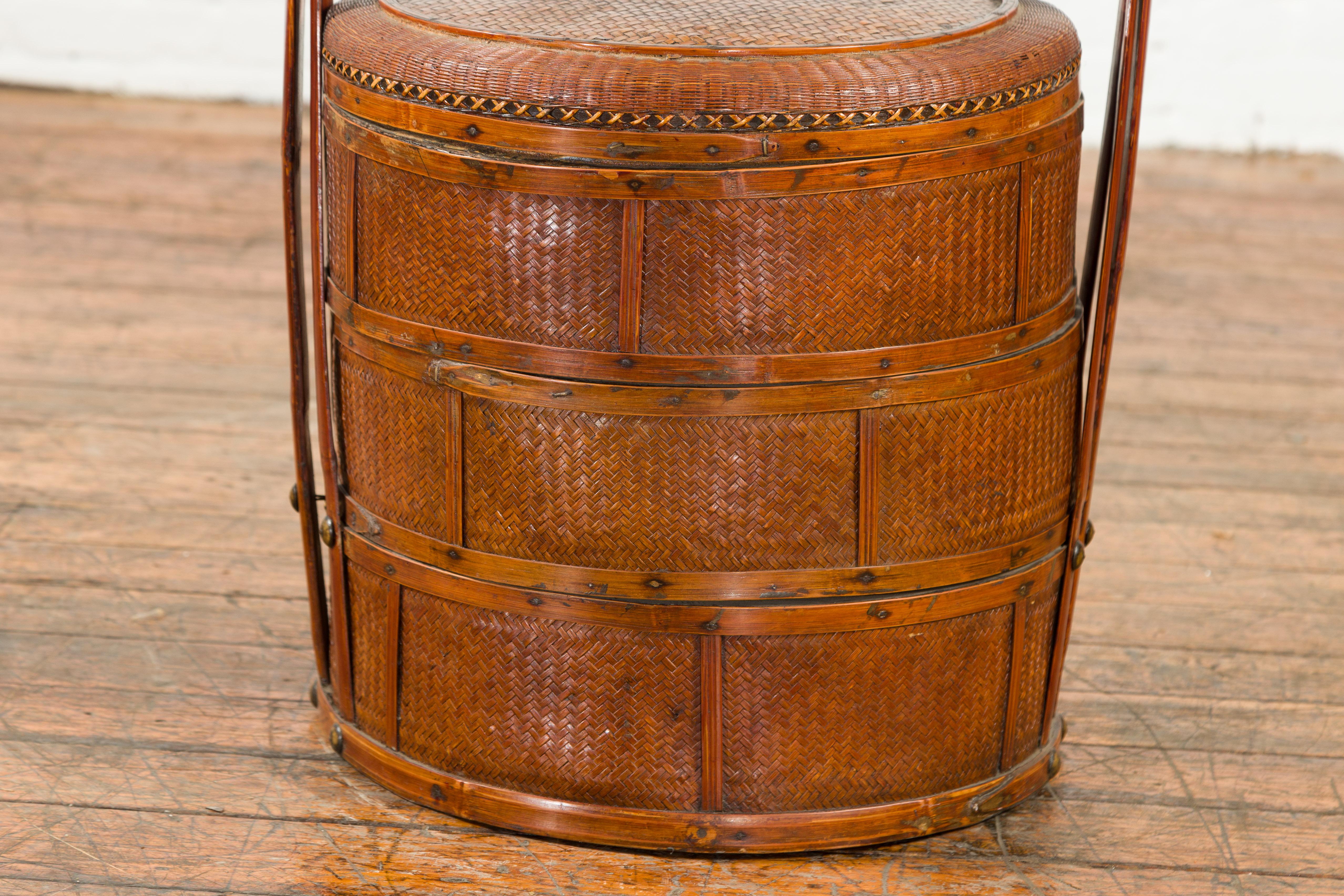 20th Century Chinese Nested Bamboo and Rattan Food Basket with Calligraphy and Iron Accents For Sale