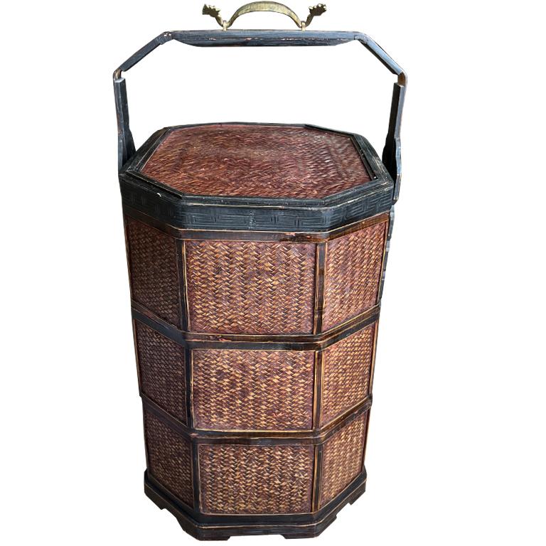 Chinese Nested Bamboo, Brass and Rattan Wedding Basket In Good Condition For Sale In Oklahoma City, OK