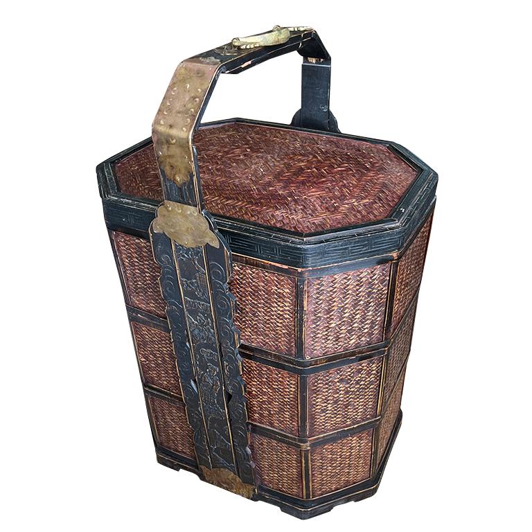 Chinese Nested Bamboo, Brass and Rattan Wedding Basket In Good Condition For Sale In Oklahoma City, OK