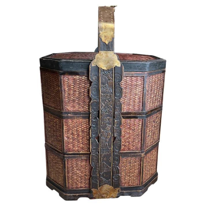 Chinese Nested Bamboo, Brass and Rattan Wedding Basket For Sale