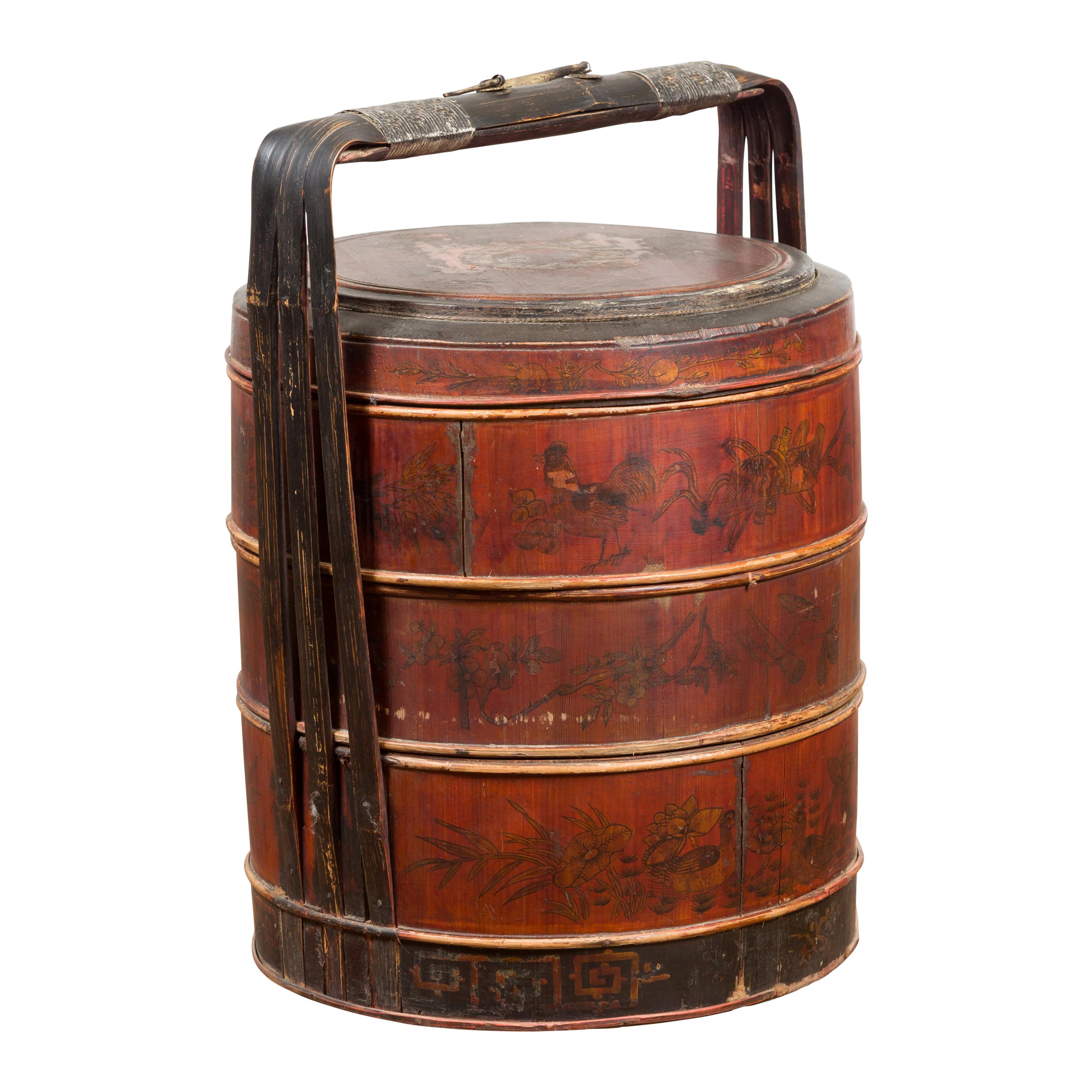 Chinese Nested Bamboo Food Basket with Hand-Painted Décor and Large Handle