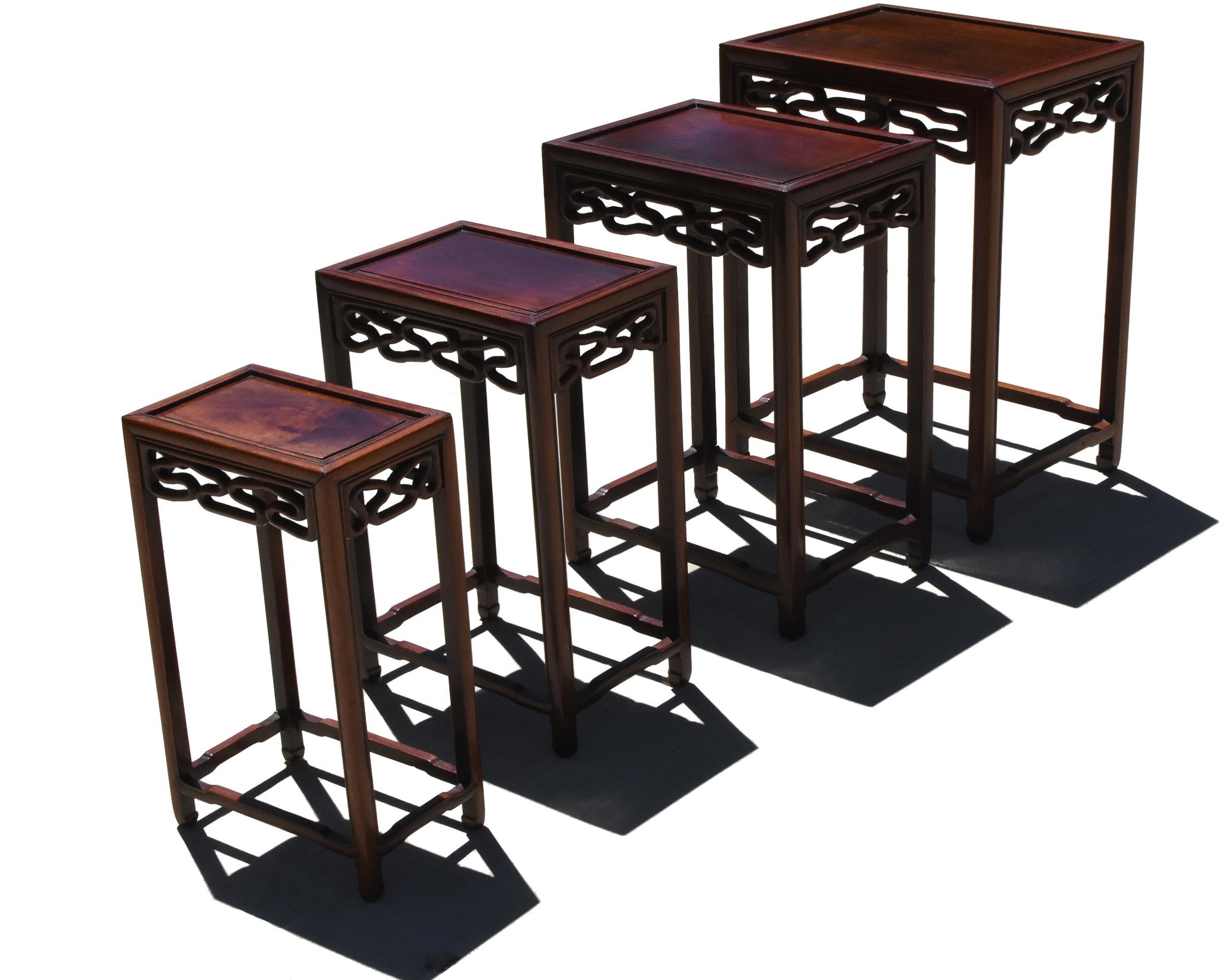Our Chinese nesting tables are very elegant and versatile. Each and every table is a complete piece on its own, unlike most other sets with one of the stretchers removed to accommodate 