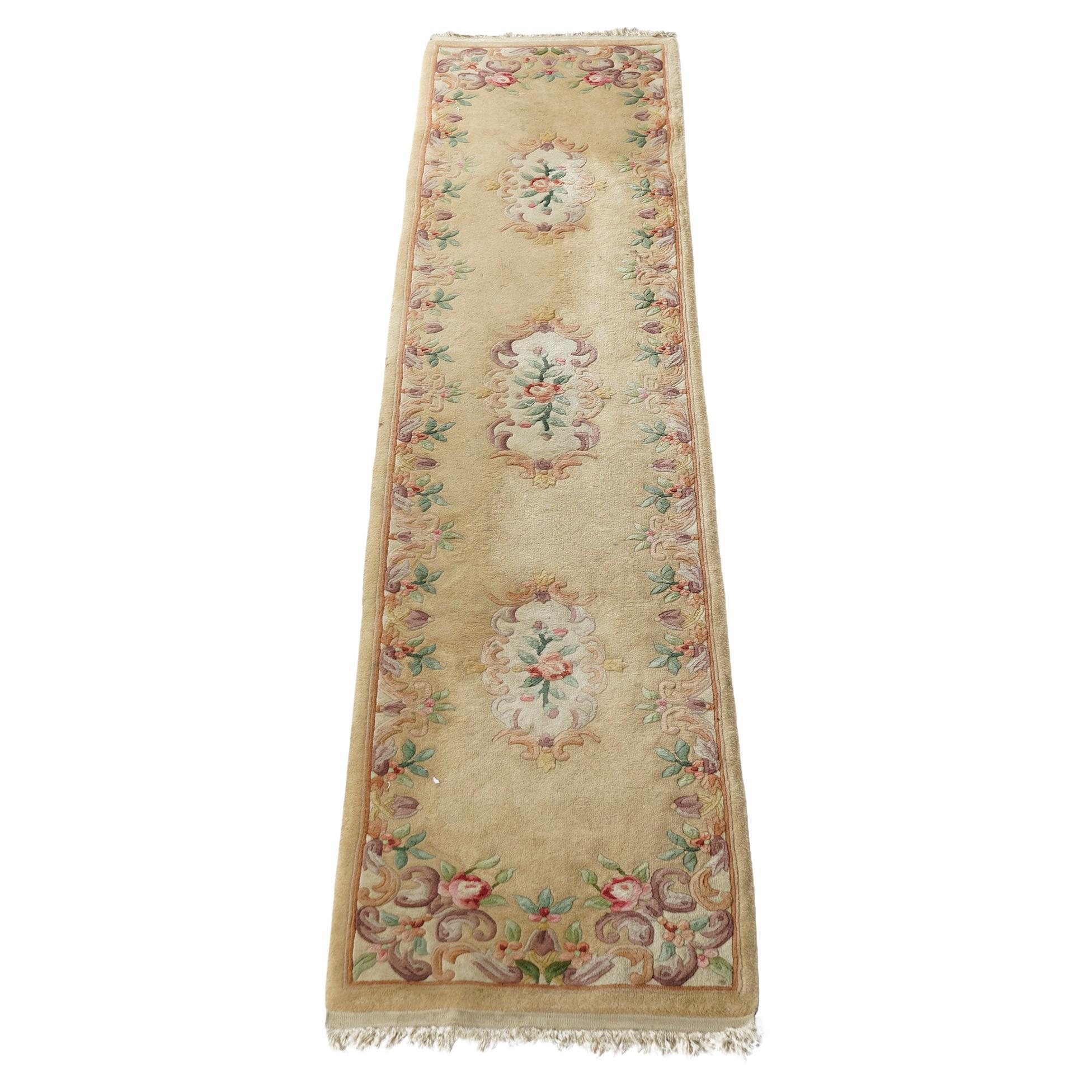 Chinese Nichols Oriental Triple Medallion Floral Wool Rug Runner 20th C