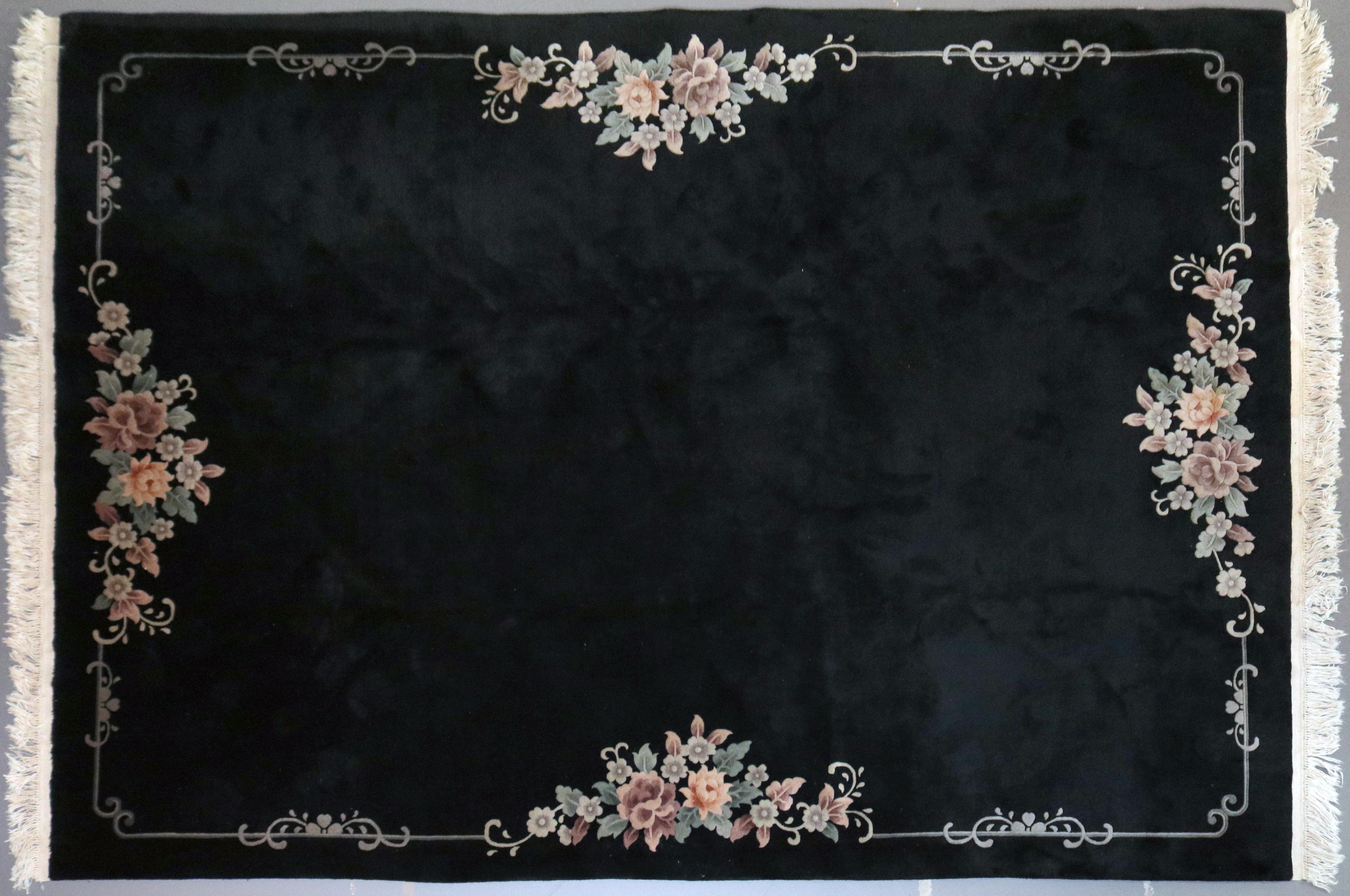 Hand-Knotted Chinese Nichols Style Hand Knotted Ebony Floral Rug by Kara Dynasty 20th Century