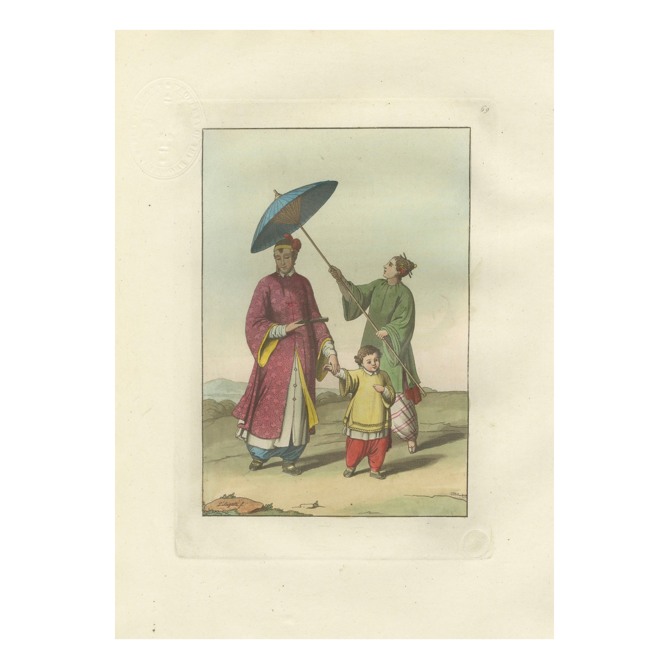 Chinese Noble with Attendant and Child, Hand-Coloured Costume Plate - 1815 For Sale