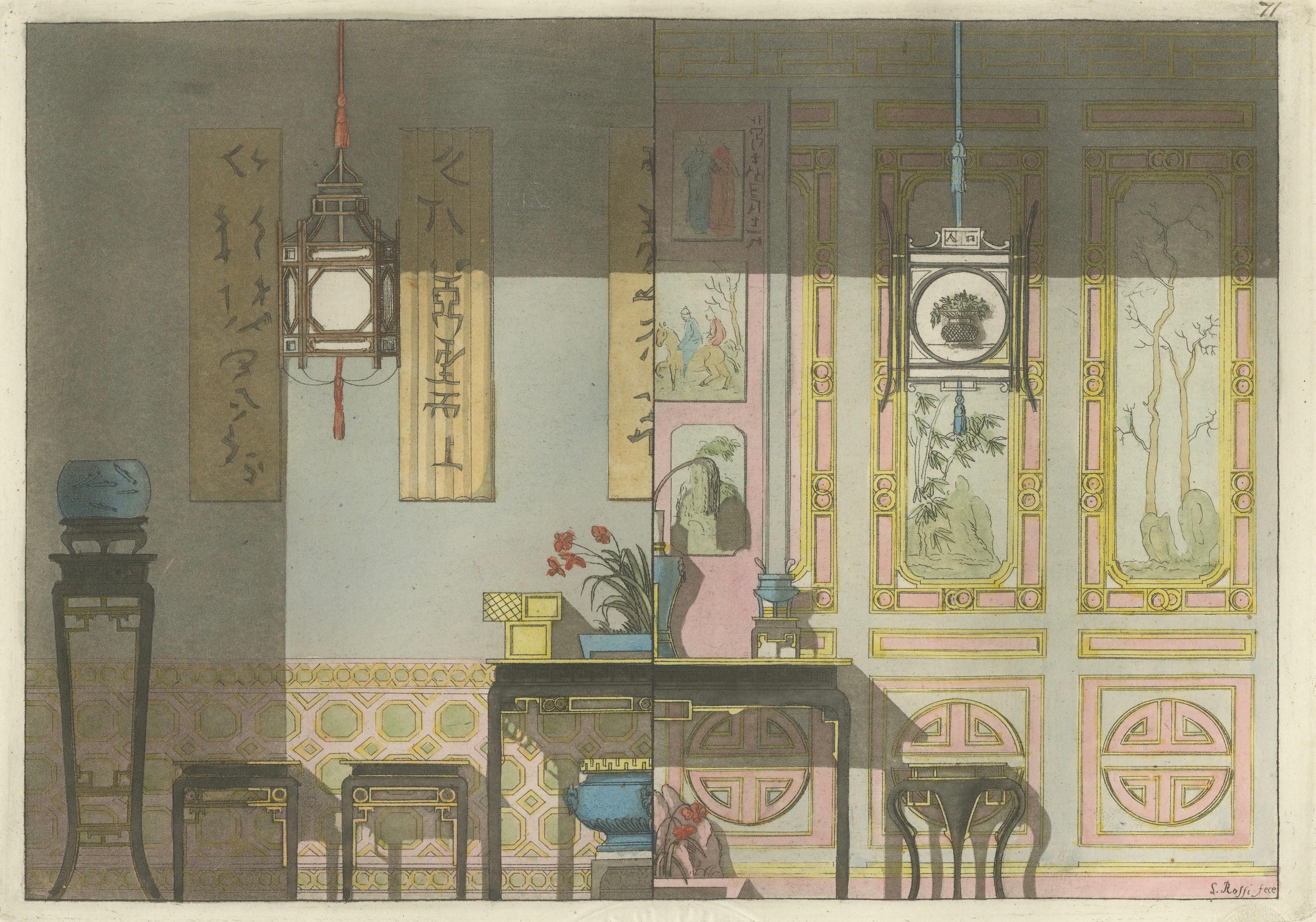 Chinese Nobleman’s Study Interior – Ferrario Costume Print, Hand-Colored c.1815