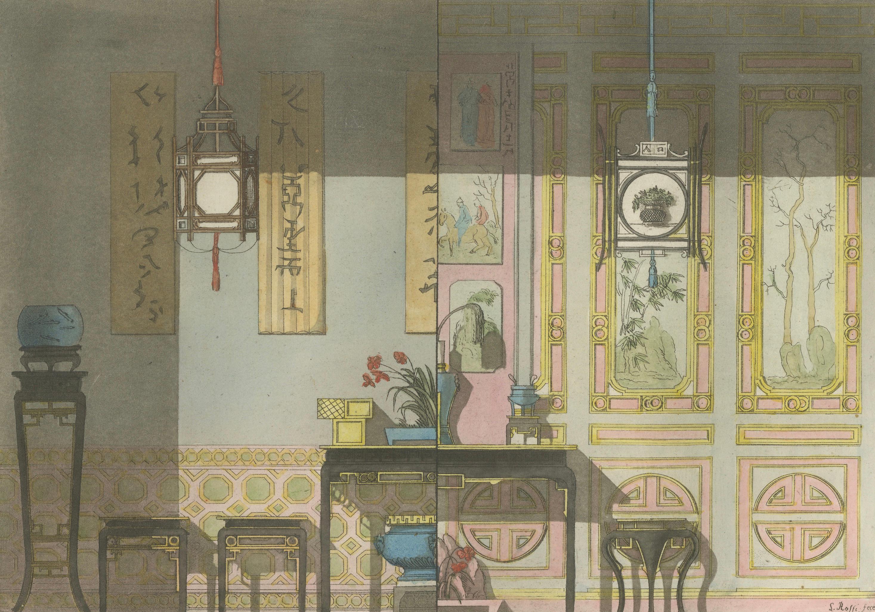 Chinese Nobleman’s Study Interior – Ferrario Costume Print, Hand-Colored c.1815