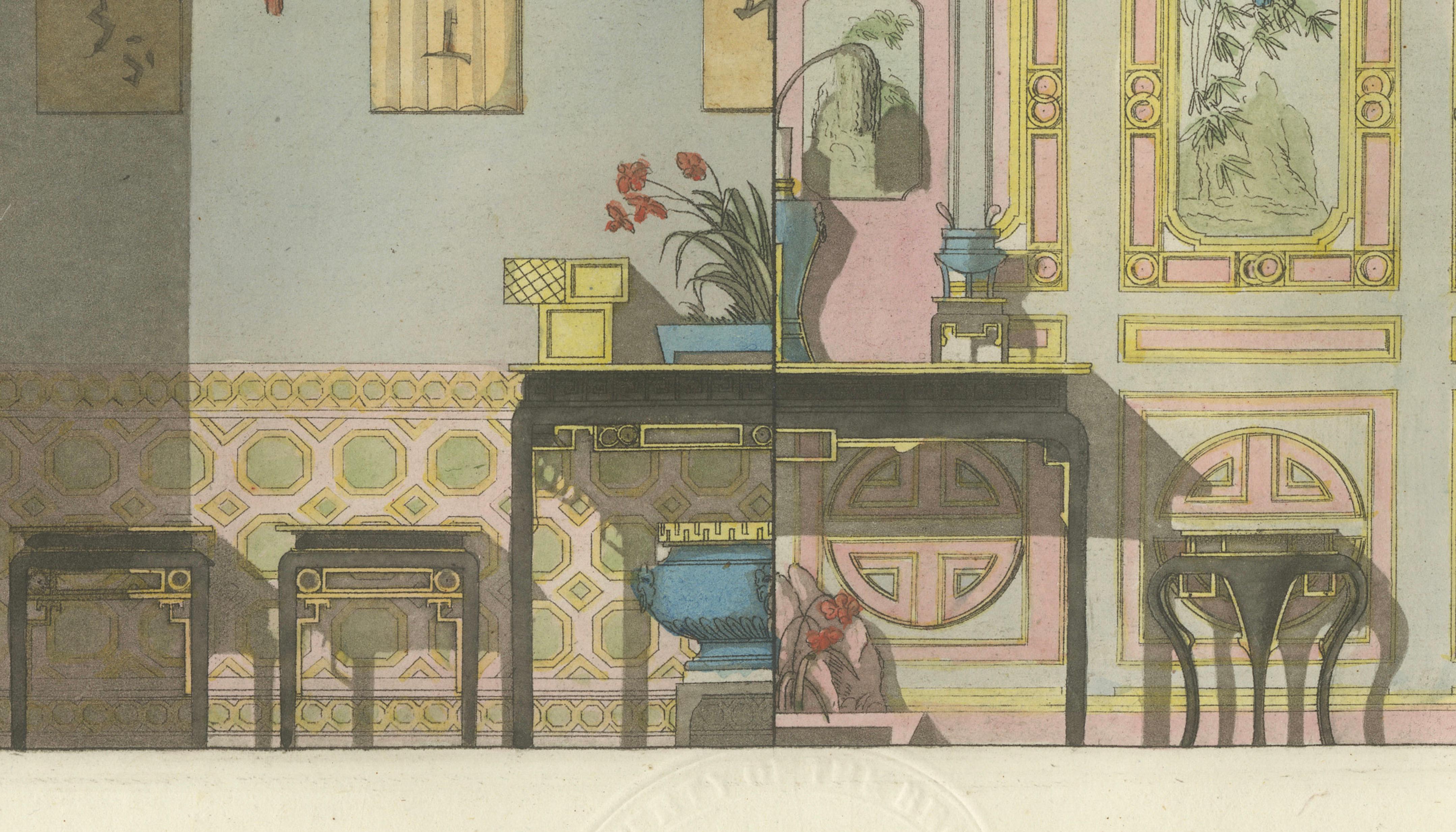 Chinese Nobleman’s Study Interior – Ferrario Costume Print, Hand-Colored c.1815