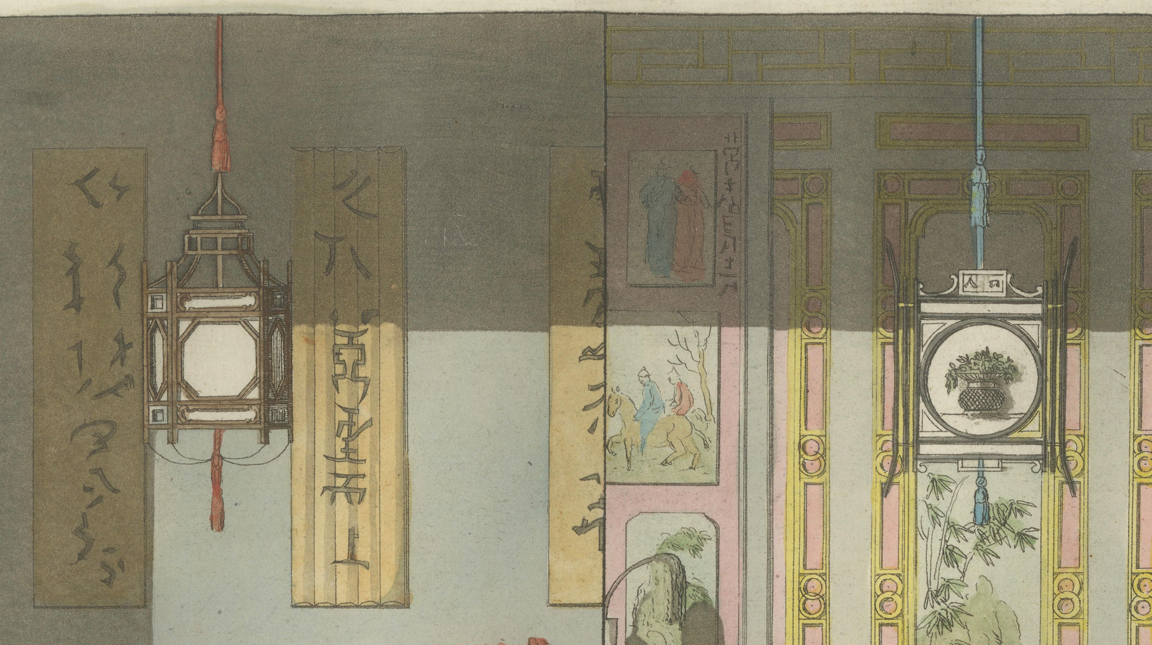 Chinese Nobleman’s Study Interior – Ferrario Costume Print, Hand-Colored c.1815