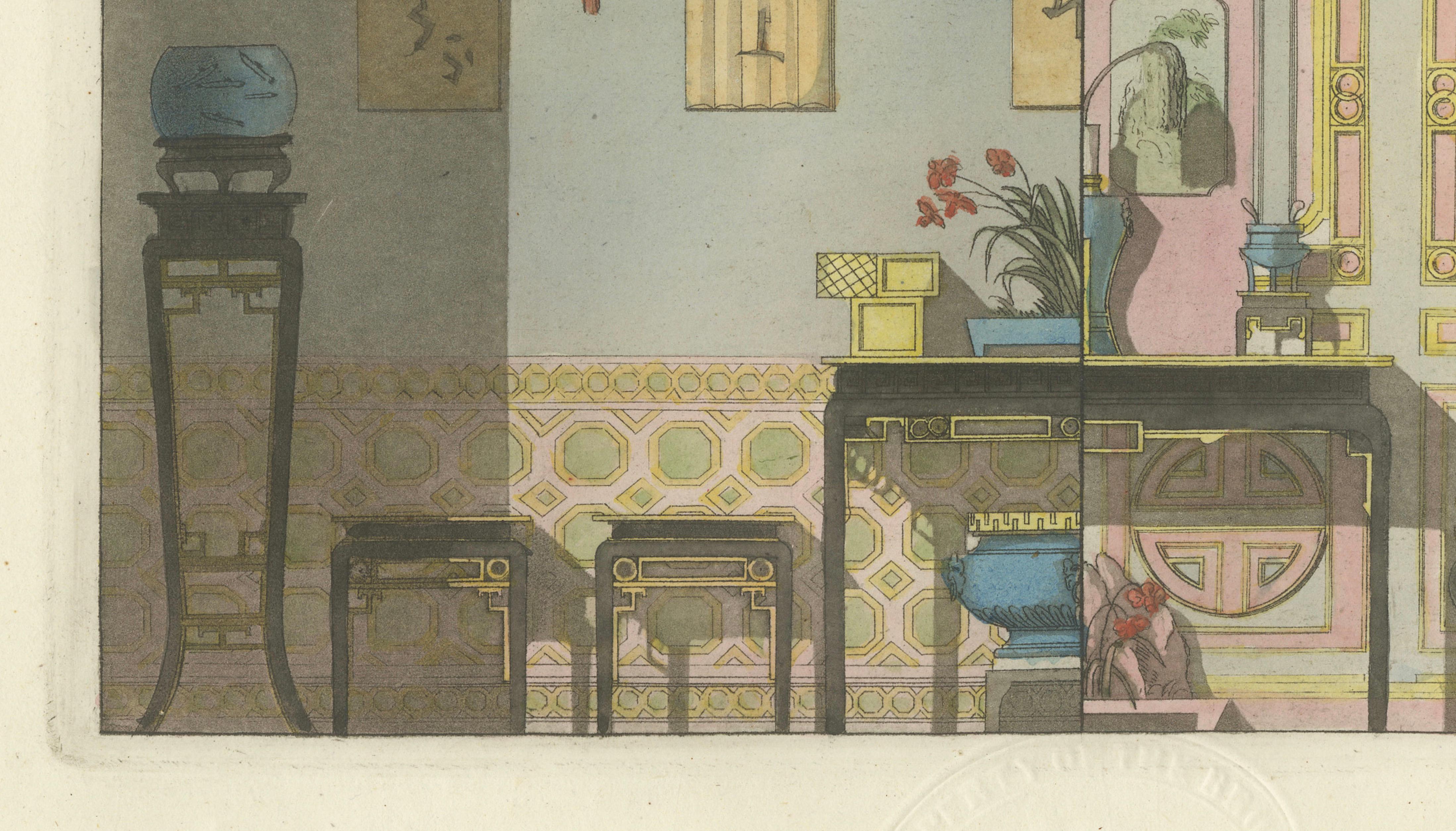 Chinese Nobleman’s Study Interior – Ferrario Costume Print, Hand-Colored c.1815