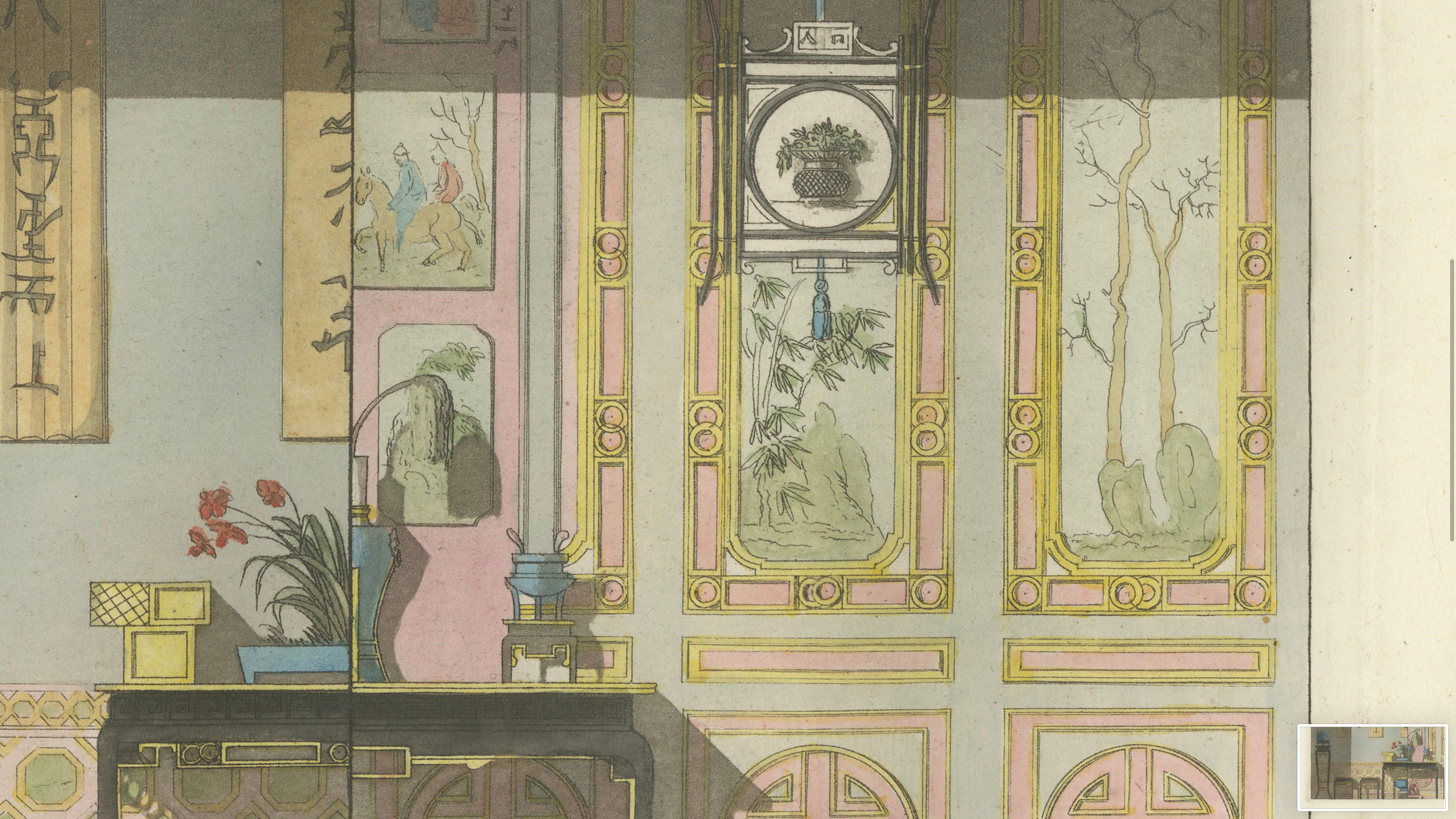 Chinese Nobleman’s Study Interior – Ferrario Costume Print, Hand-Colored c.1815