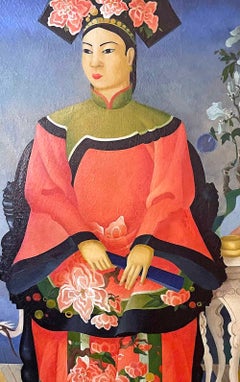 "Chinese Noblewoman w/ Lotus Flowers & Orchids", Art Deco Painting, Pink & Blue