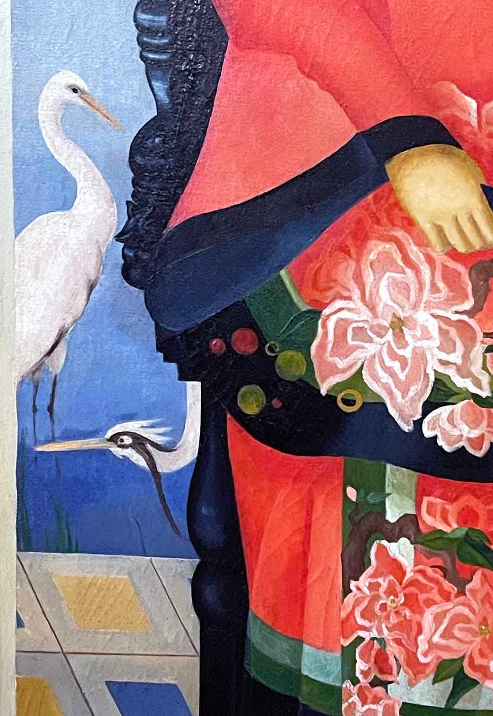 „Chinesische Adelige Frau mit Lotusblumen und Orchideen“, Art déco-Gemälde, Rosa & Blau (amerikanisch) im Angebot