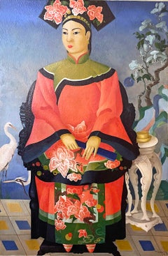 "Chinese Noblewoman w/ Lotus Flowers & Orchids", Art Deco Painting, Pink & Blue